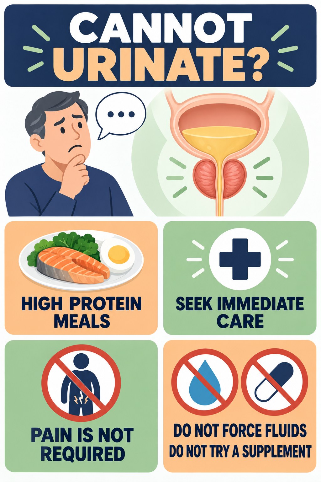 Inability to Urinate Needs Immediate Care infographic for High Protein Meals with four concise prostate-health awareness points.