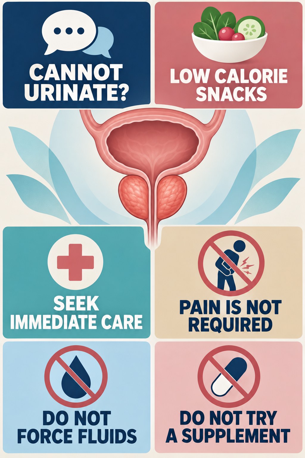 Inability to Urinate Needs Immediate Care infographic for Low Calorie Snacks with four concise prostate-health awareness points.