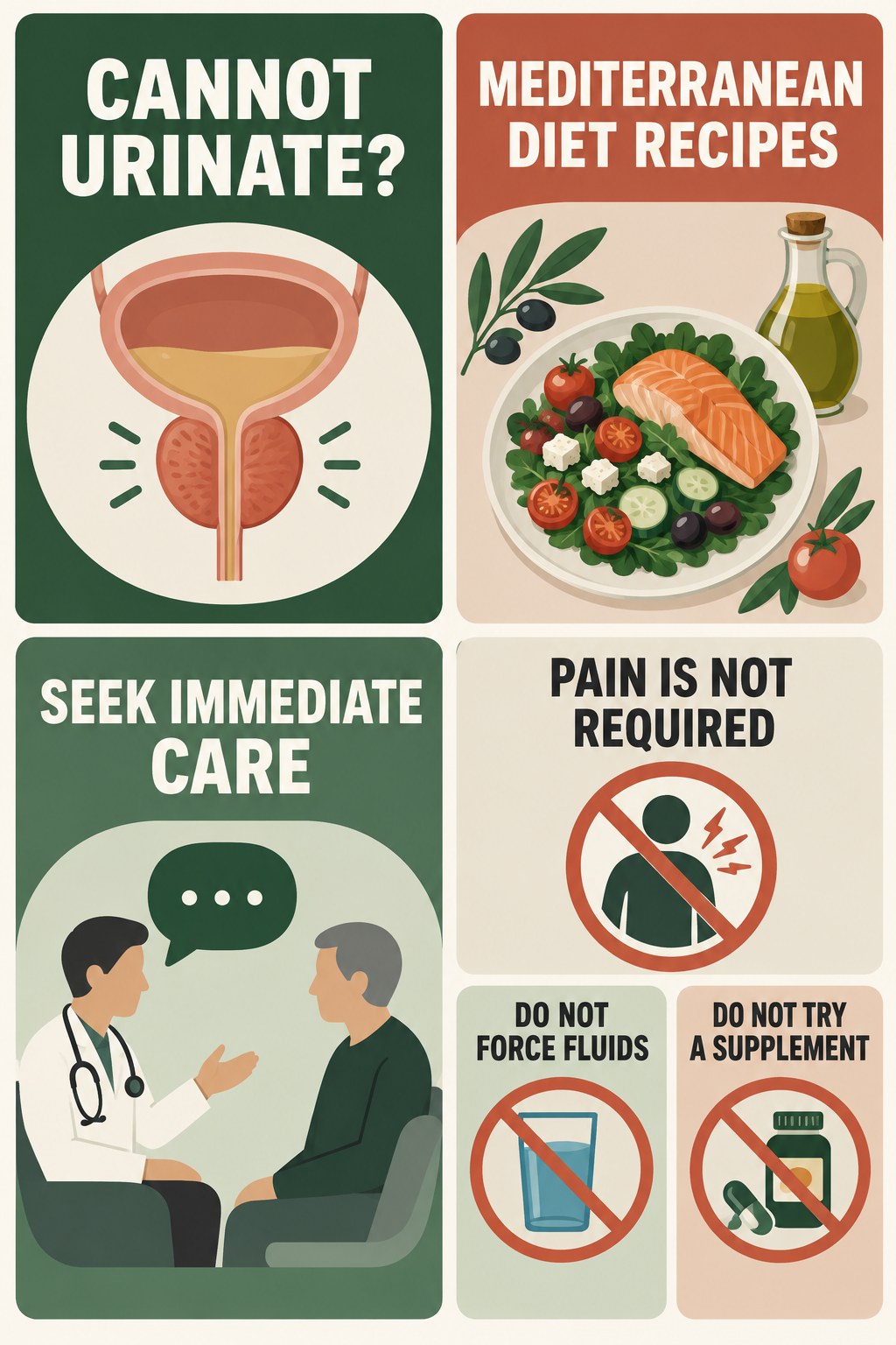 Inability to Urinate Needs Immediate Care infographic for Mediterranean Diet Recipes with four concise prostate-health awareness points.
