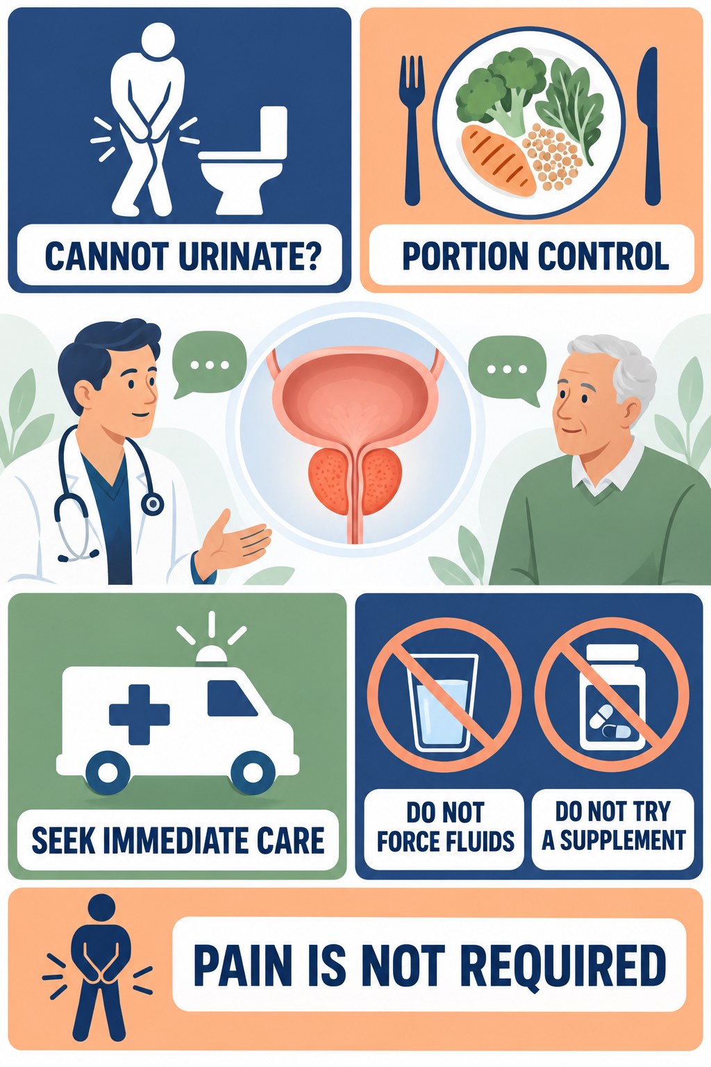 Inability to Urinate Needs Immediate Care infographic for Portion Control with four concise prostate-health awareness points.