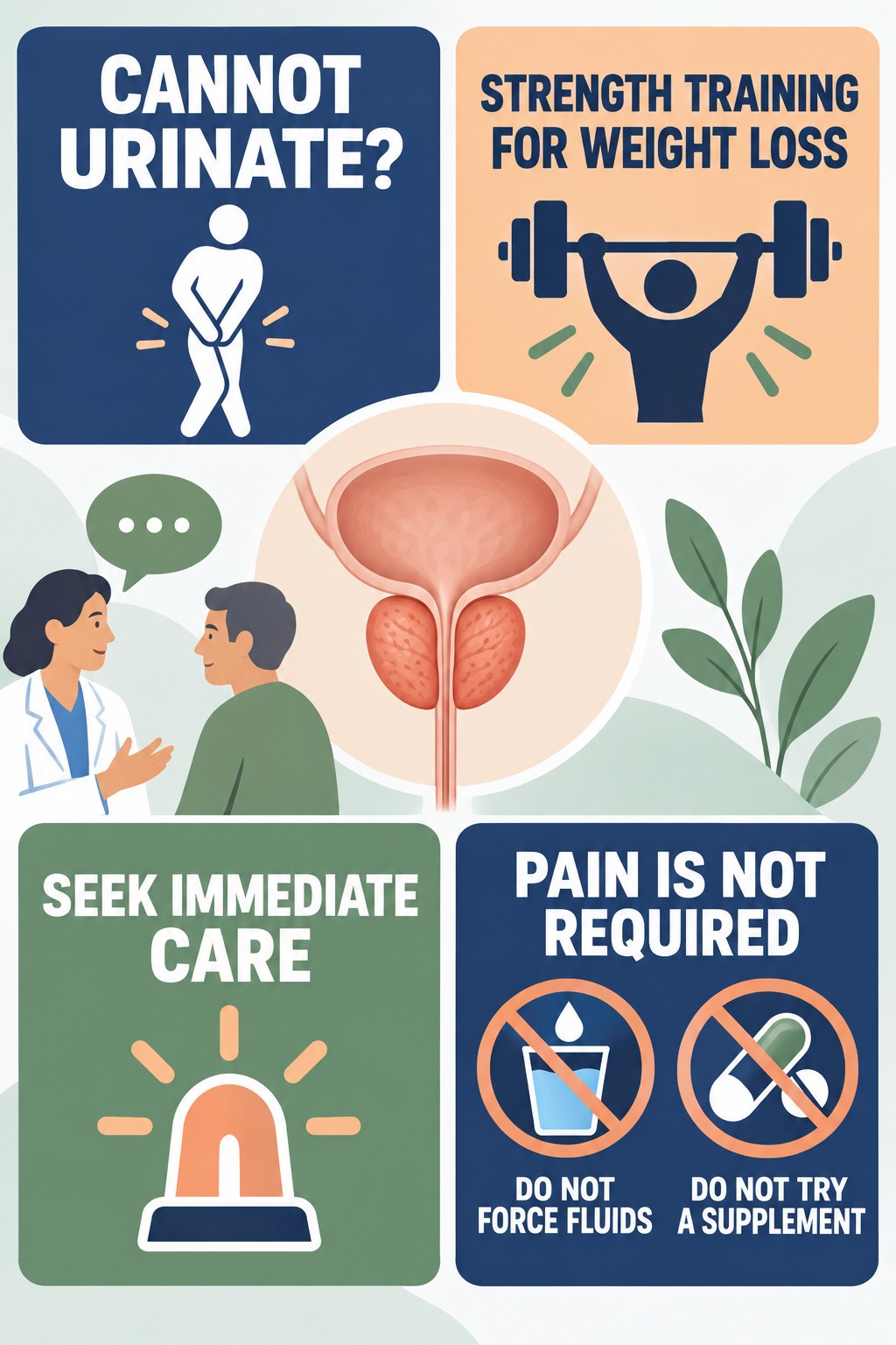 Inability to Urinate Needs Immediate Care infographic for Strength Training for Weight Loss with four concise prostate-health awareness points.