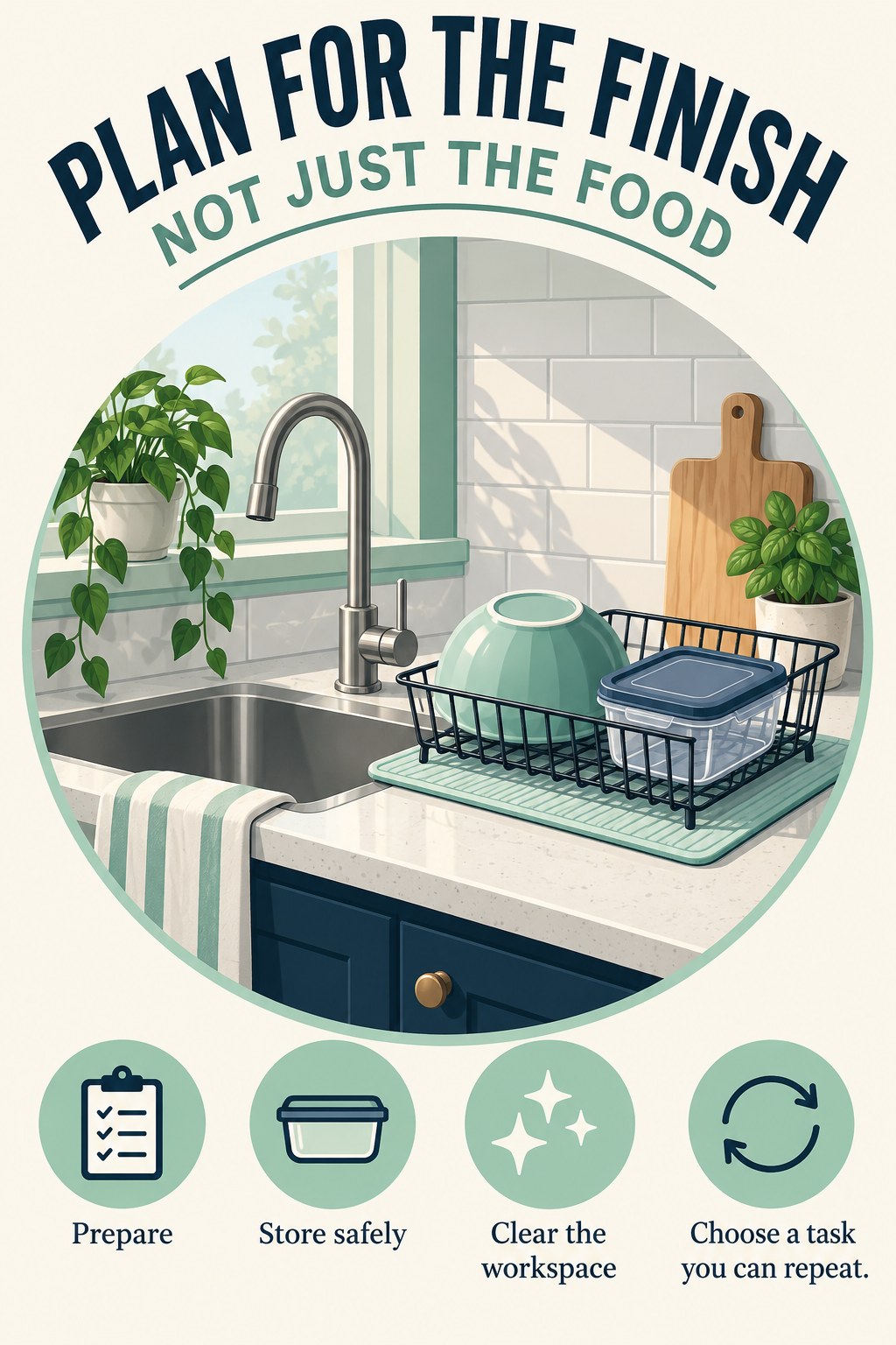 A clean sink, a drying rack, and one meal container on a kitchen counter.
