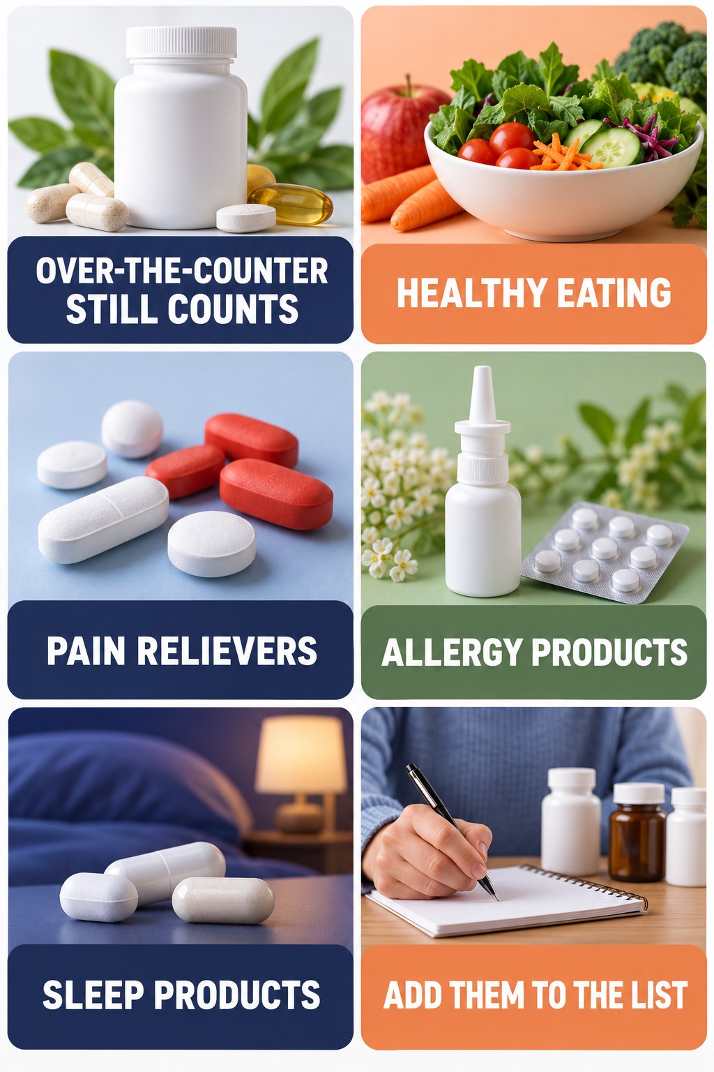 Include OTC Medicines in Supplement Review supplement-interaction safety infographic for Healthy Eating with four concise review points.