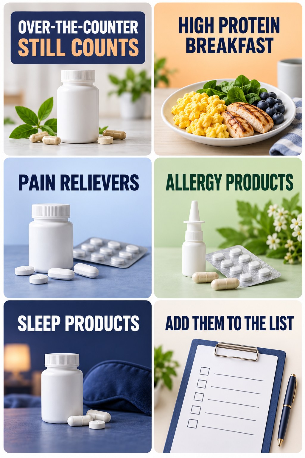 Include OTC Medicines in Supplement Review supplement-interaction safety infographic for High Protein Breakfast with four concise review points.