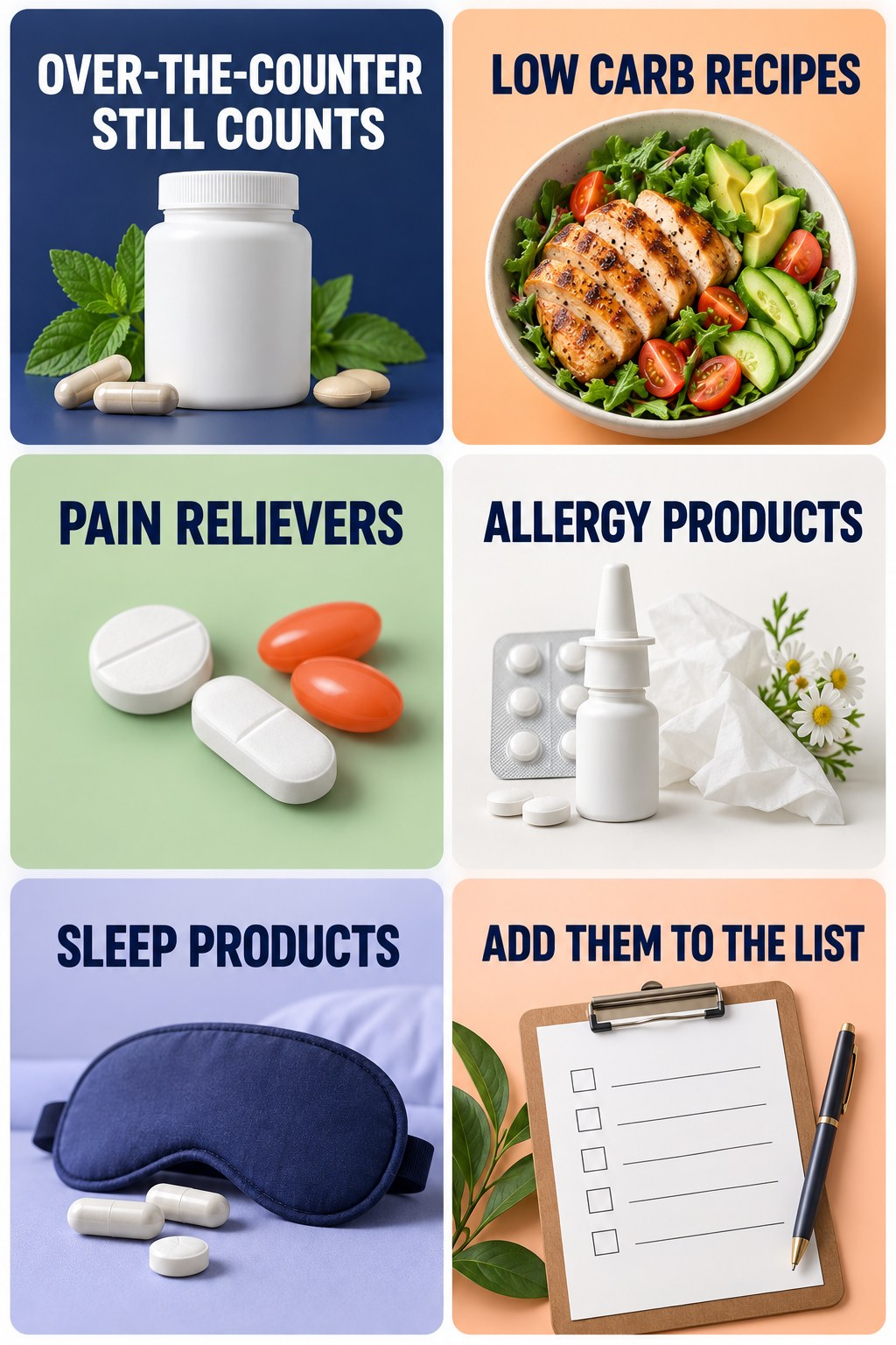 Include OTC Medicines in Supplement Review supplement-interaction safety infographic for Low Carb Recipes with four concise review points.