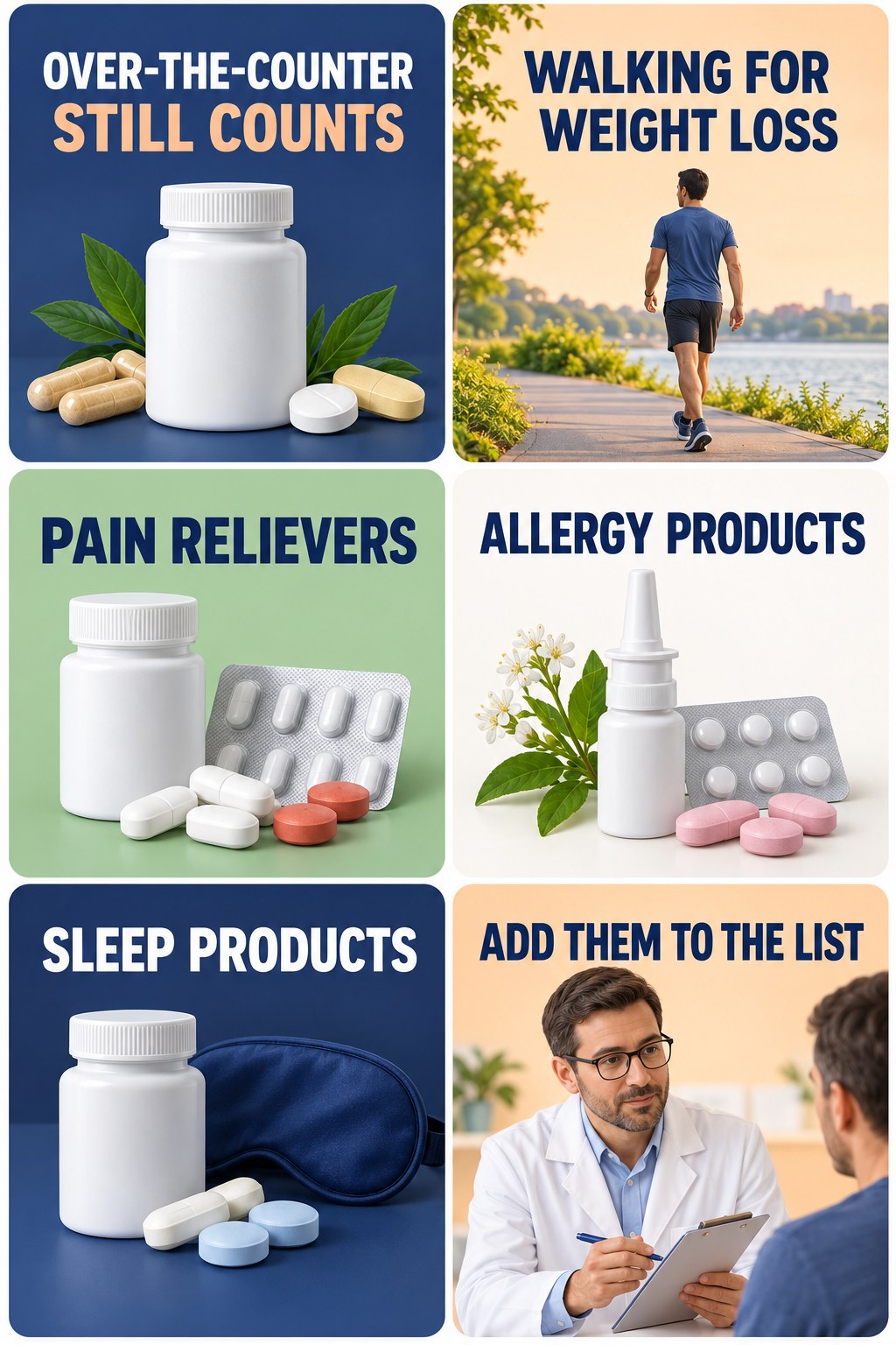 Include OTC Medicines in Supplement Review supplement-interaction safety infographic for Walking for Weight Loss with four concise review points.