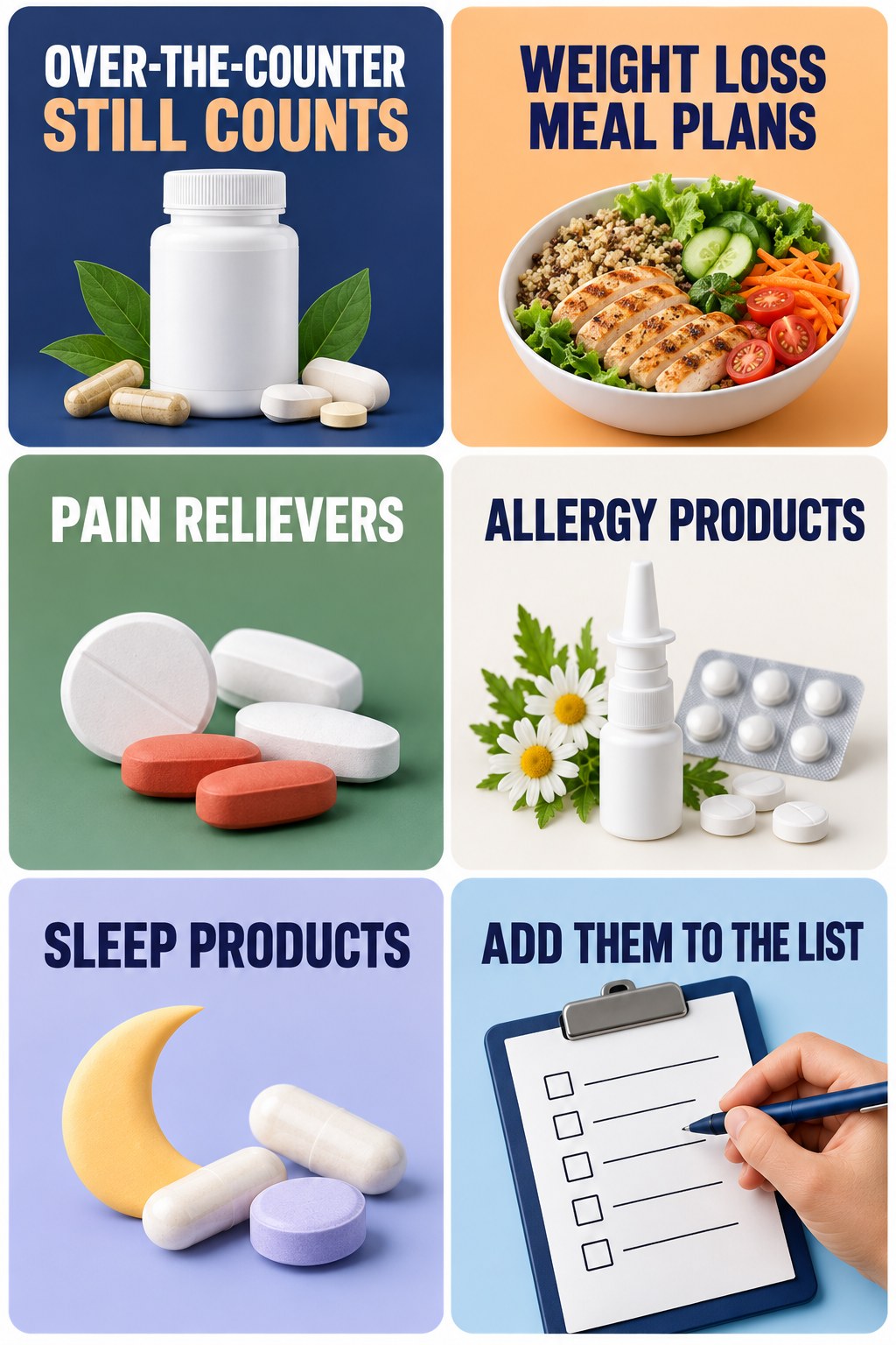 Include OTC Medicines in Supplement Review supplement-interaction safety infographic for Weight Loss Meal Plans with four concise review points.