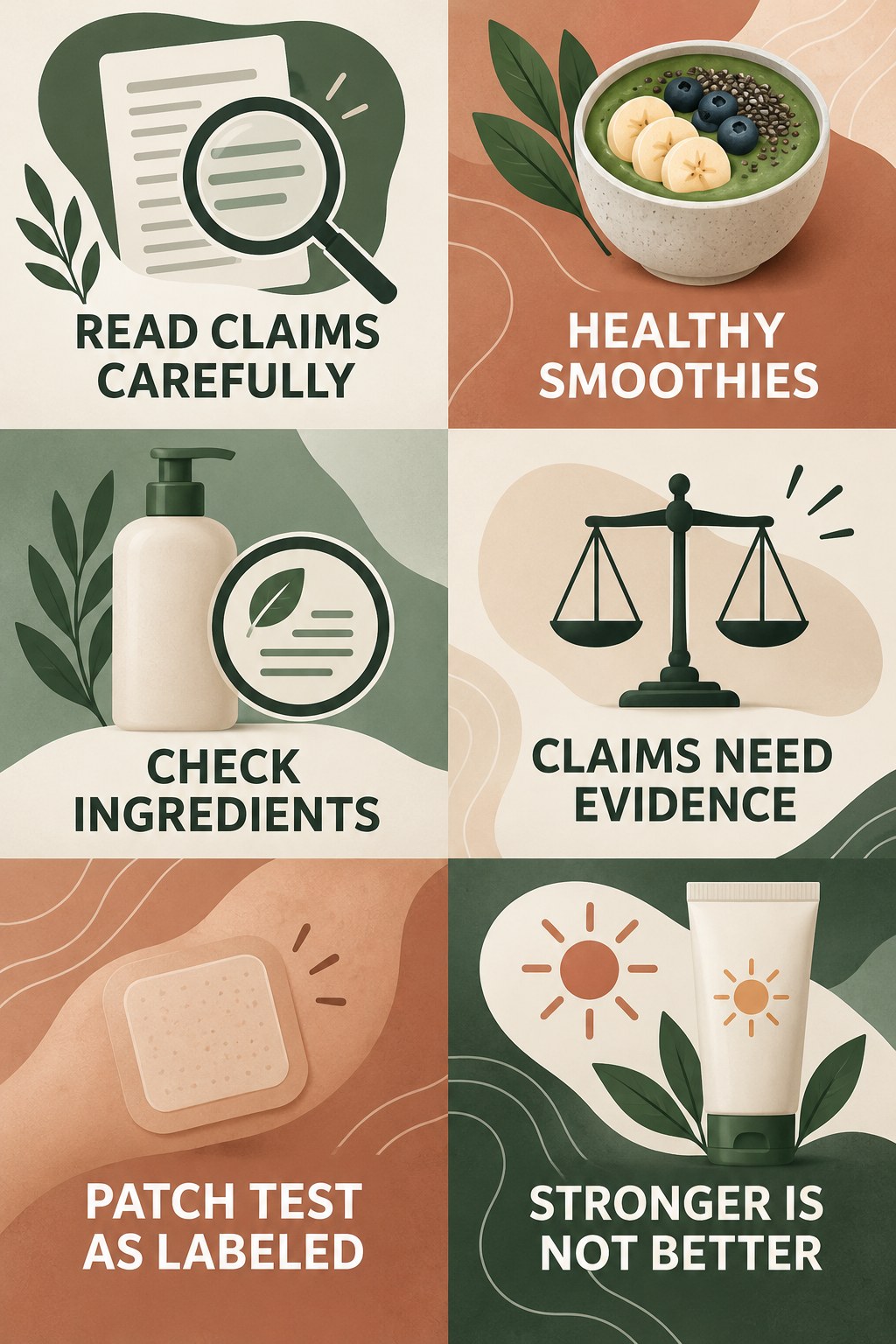 Ingredient Claims: Read Beyond the Label infographic for Healthy Smoothies with four concise, body-neutral stretch-mark skincare points.