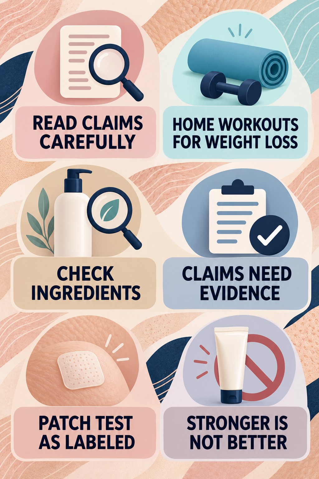 Ingredient Claims: Read Beyond the Label infographic for Home Workouts for Weight Loss with four concise, body-neutral stretch-mark skincare points.