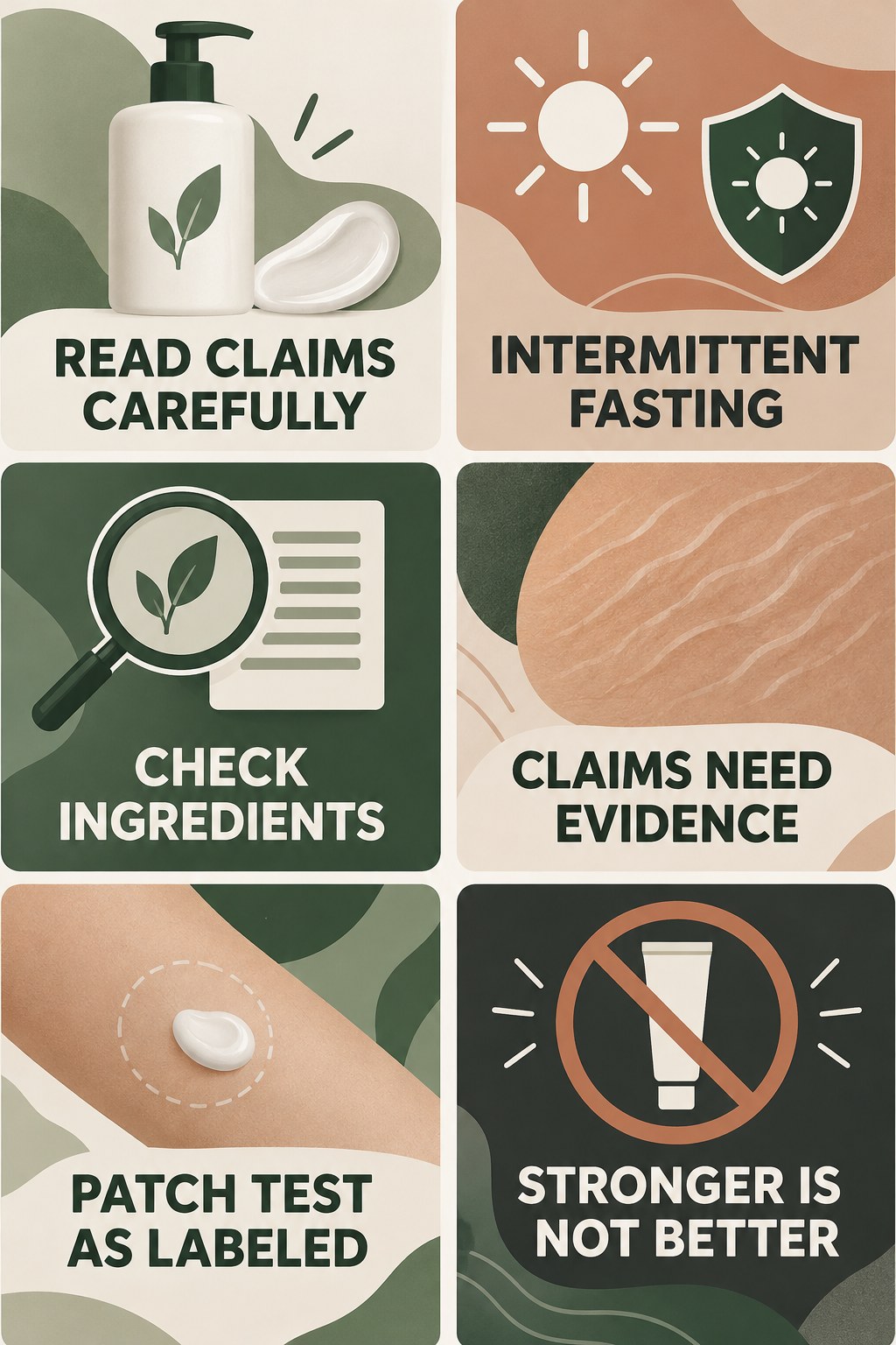 Ingredient Claims: Read Beyond the Label infographic for Intermittent Fasting with four concise, body-neutral stretch-mark skincare points.