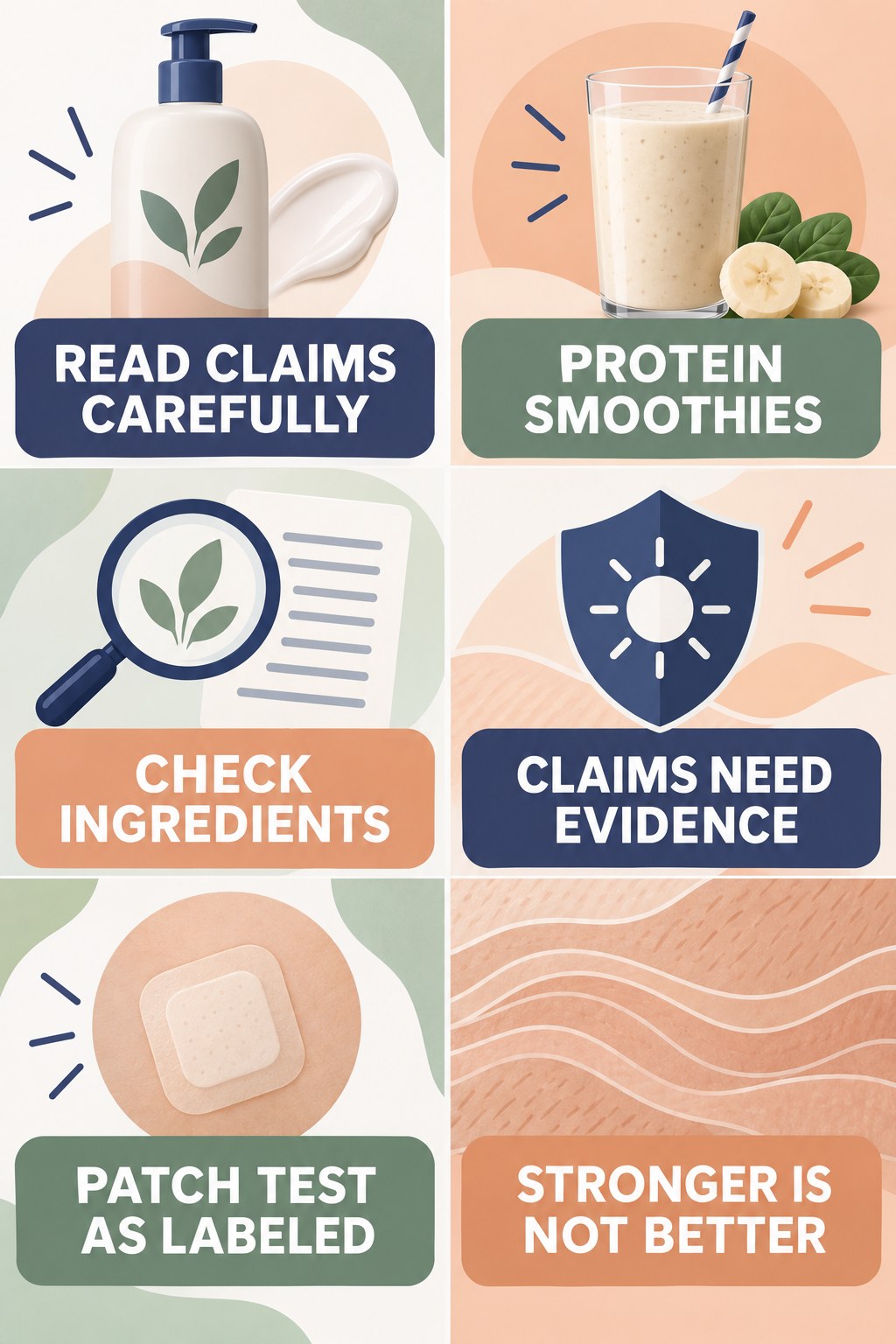 Ingredient Claims: Read Beyond the Label infographic for Protein Smoothies with four concise, body-neutral stretch-mark skincare points.