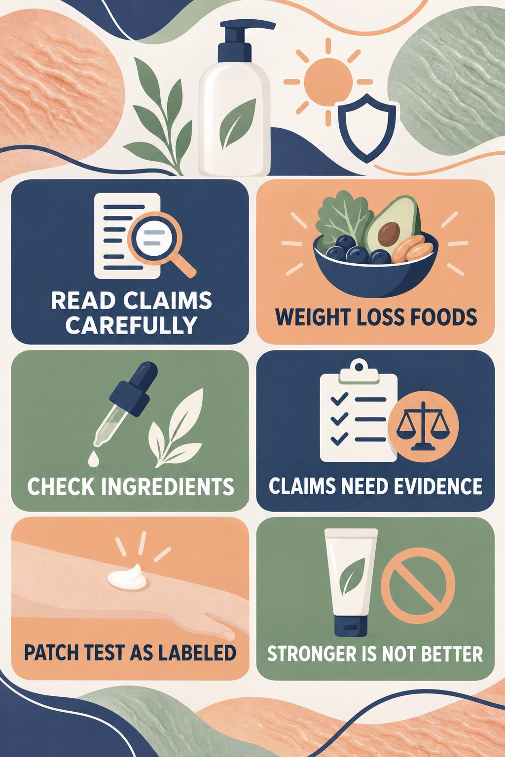 Ingredient Claims: Read Beyond the Label infographic for Weight Loss Foods with four concise, body-neutral stretch-mark skincare points.
