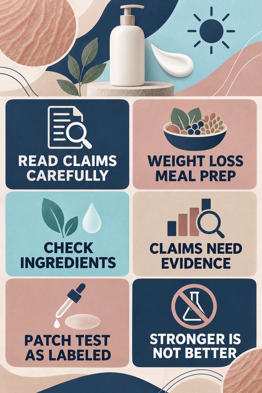 Ingredient Claims: Read Beyond the Label infographic for Weight Loss Meal Prep with four concise, body-neutral stretch-mark skincare points.