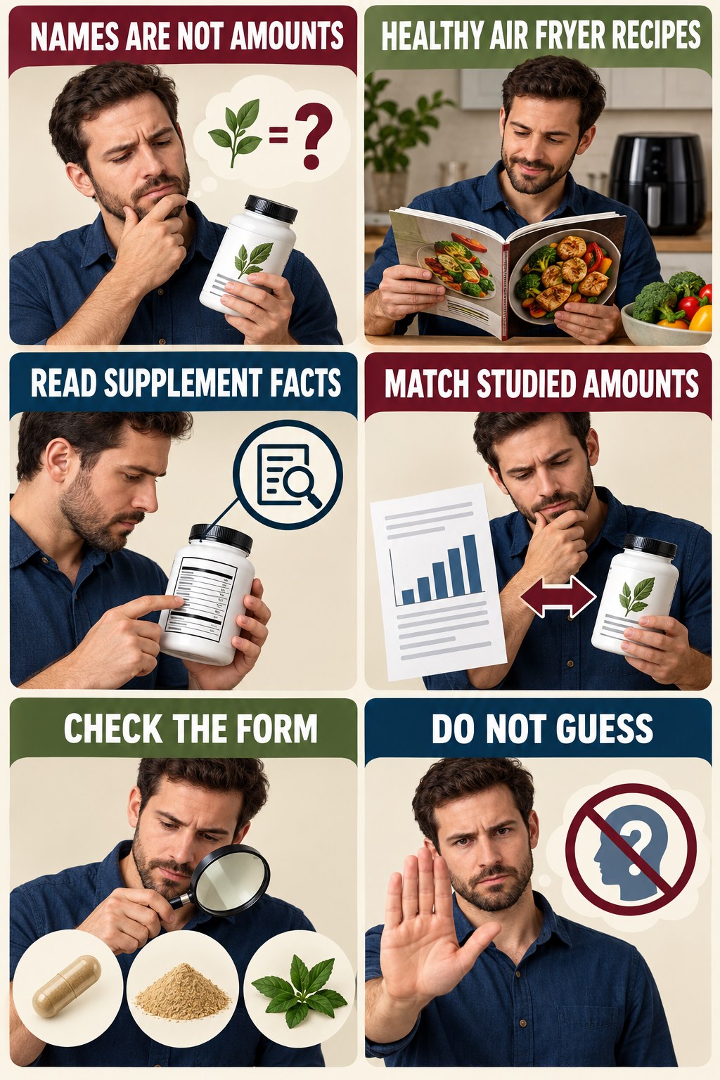 Ingredient Names Do Not Reveal Amounts evidence-literacy infographic for Healthy Air Fryer Recipes with four concise claim-evaluation checks.