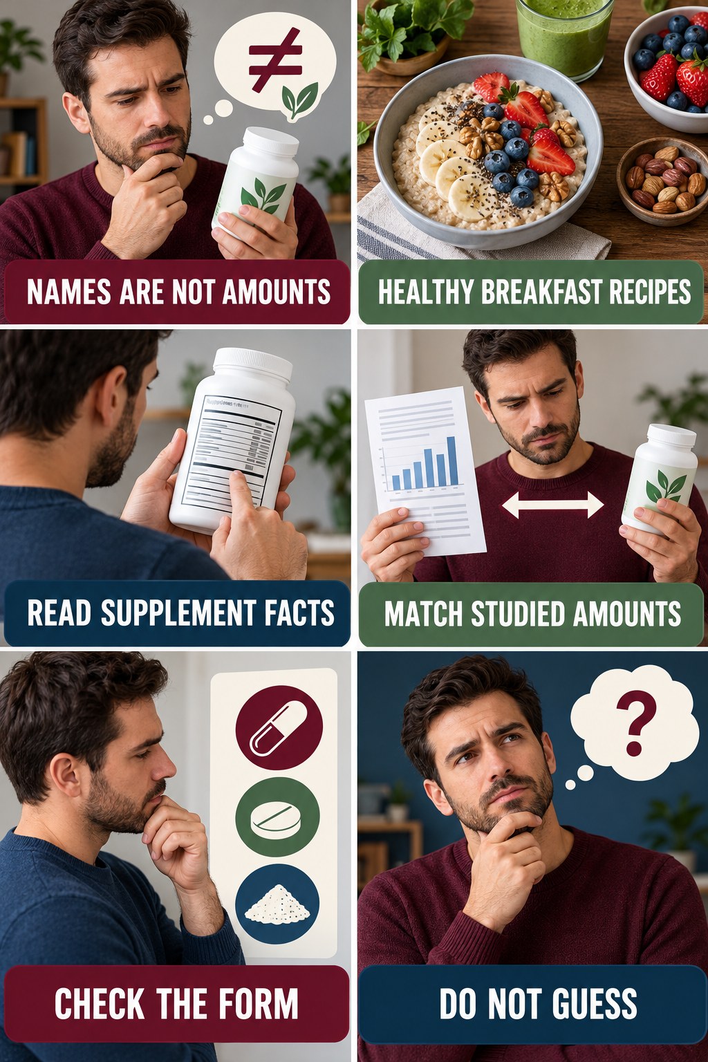 Ingredient Names Do Not Reveal Amounts evidence-literacy infographic for Healthy Breakfast Recipes with four concise claim-evaluation checks.