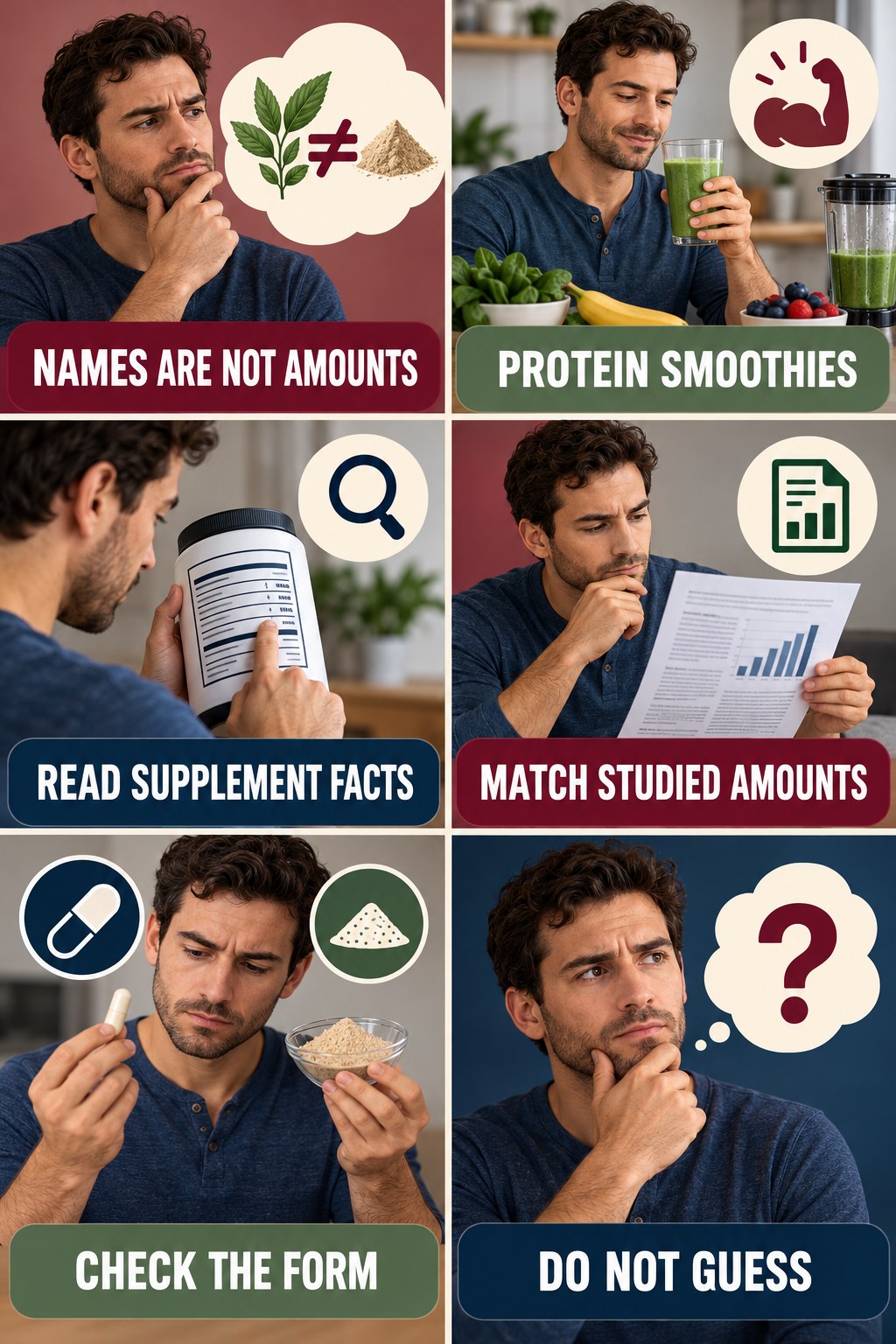 Ingredient Names Do Not Reveal Amounts evidence-literacy infographic for Protein Smoothies with four concise claim-evaluation checks.