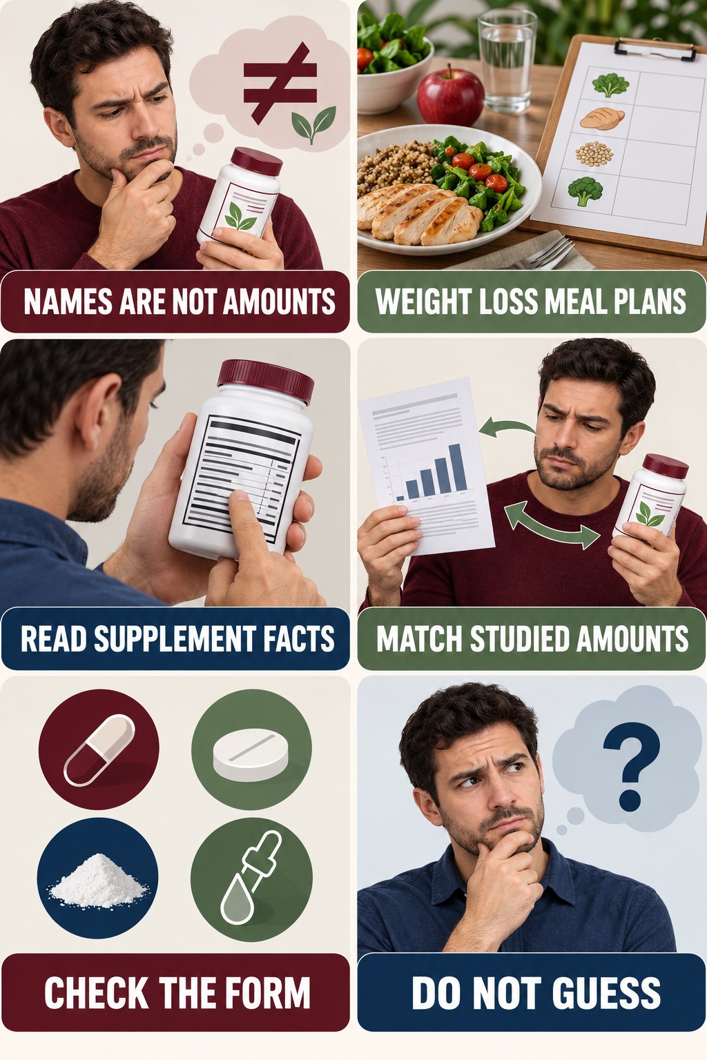 Ingredient Names Do Not Reveal Amounts evidence-literacy infographic for Weight Loss Meal Plans with four concise claim-evaluation checks.