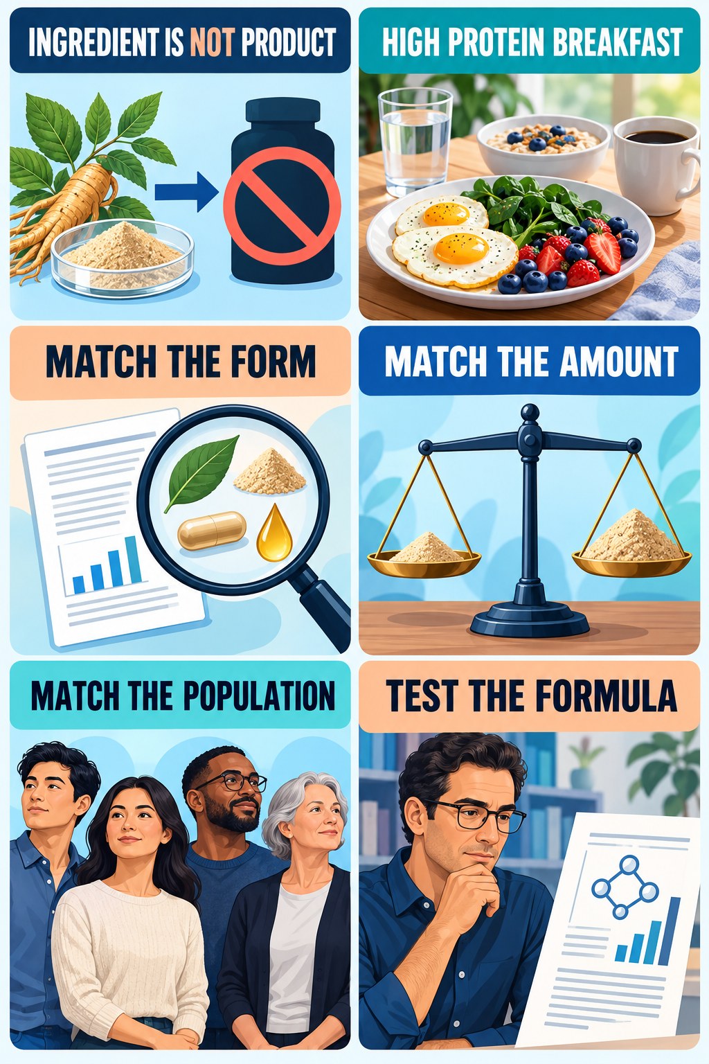 Ingredient Studies Do Not Prove Formula Results evidence-literacy infographic for High Protein Breakfast with four concise claim-evaluation checks.