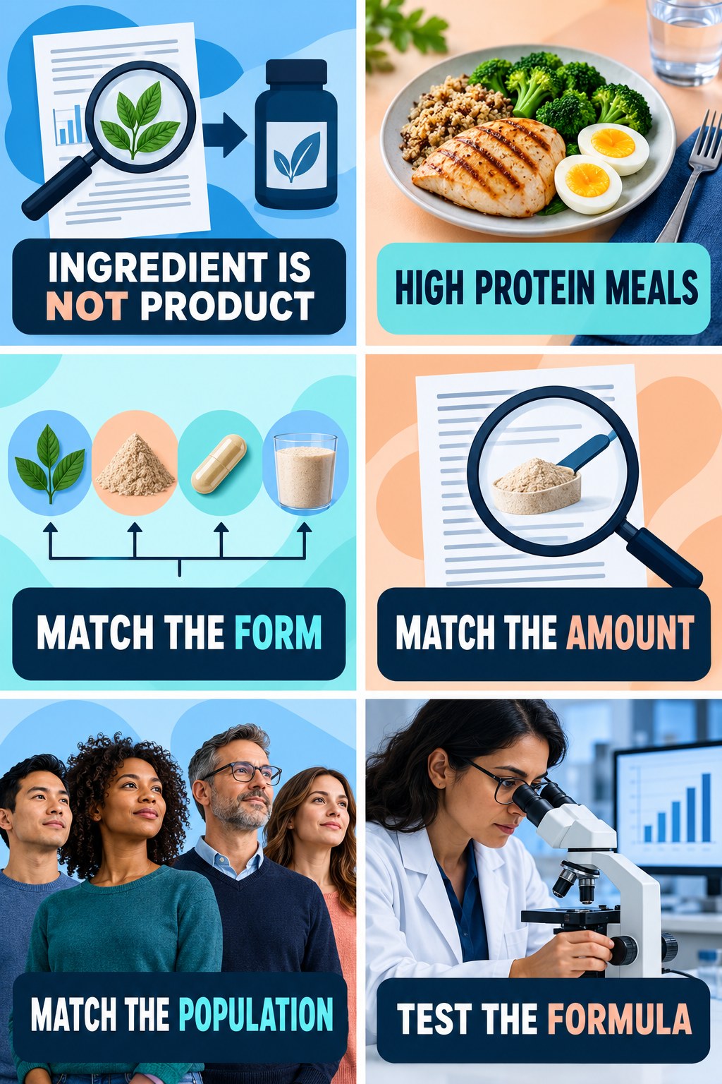 Ingredient Studies Do Not Prove Formula Results evidence-literacy infographic for High Protein Meals with four concise claim-evaluation checks.
