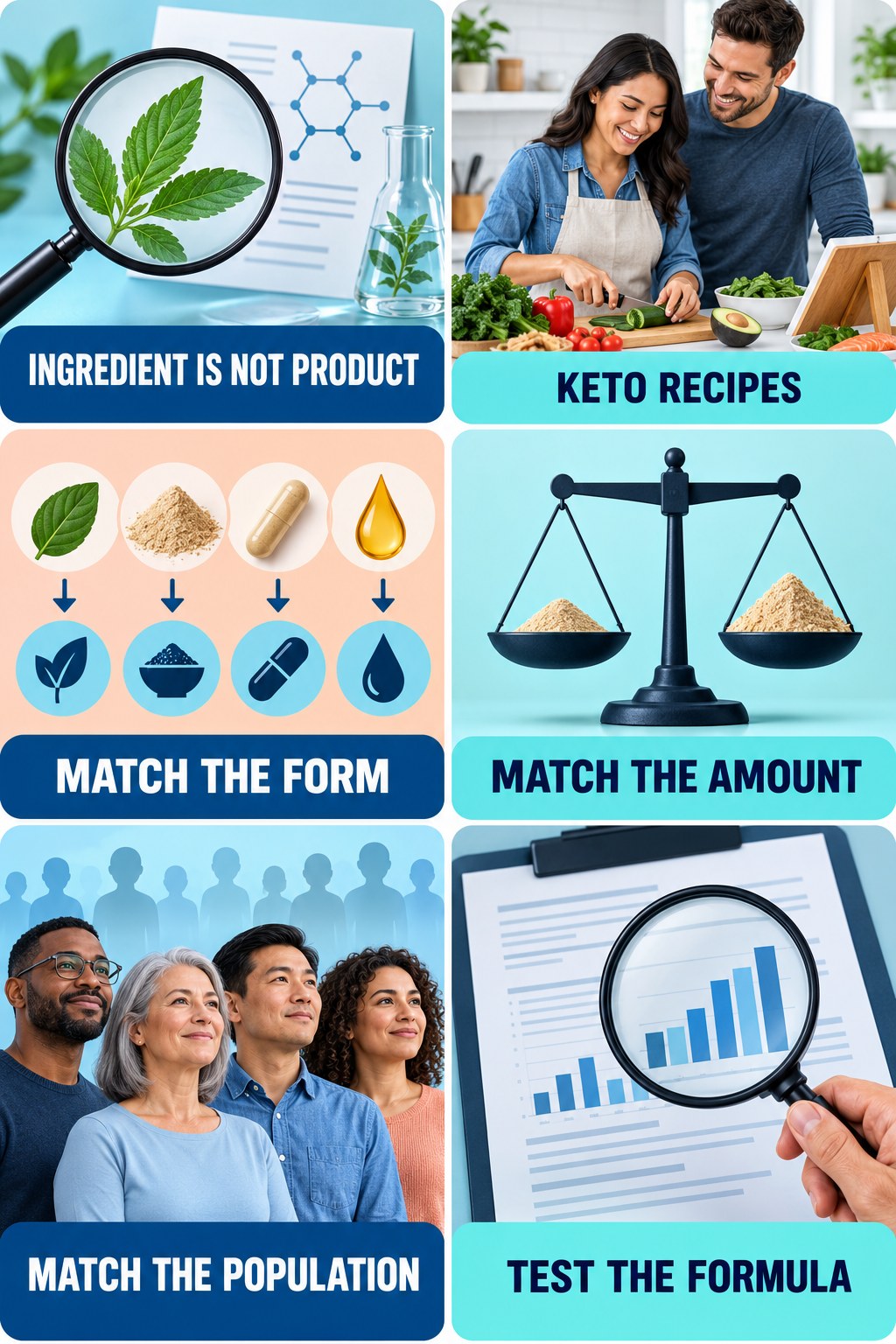 Ingredient Studies Do Not Prove Formula Results evidence-literacy infographic for Keto Recipes with four concise claim-evaluation checks.