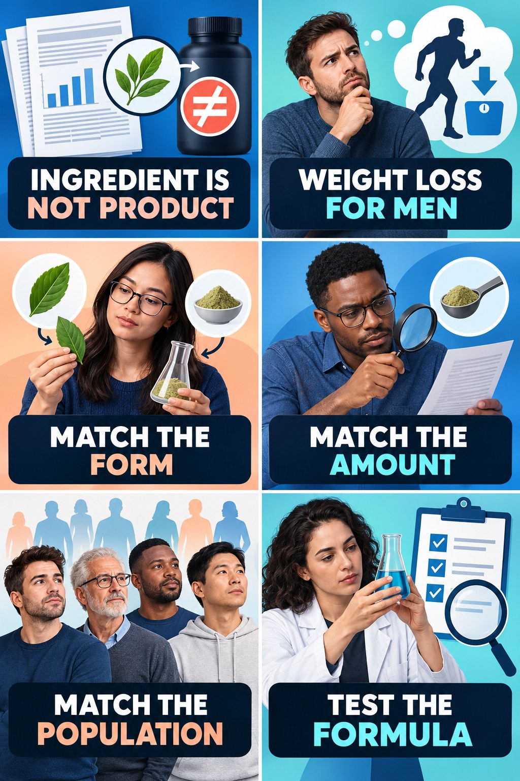 Ingredient Studies Do Not Prove Formula Results evidence-literacy infographic for Weight Loss for Men with four concise claim-evaluation checks.