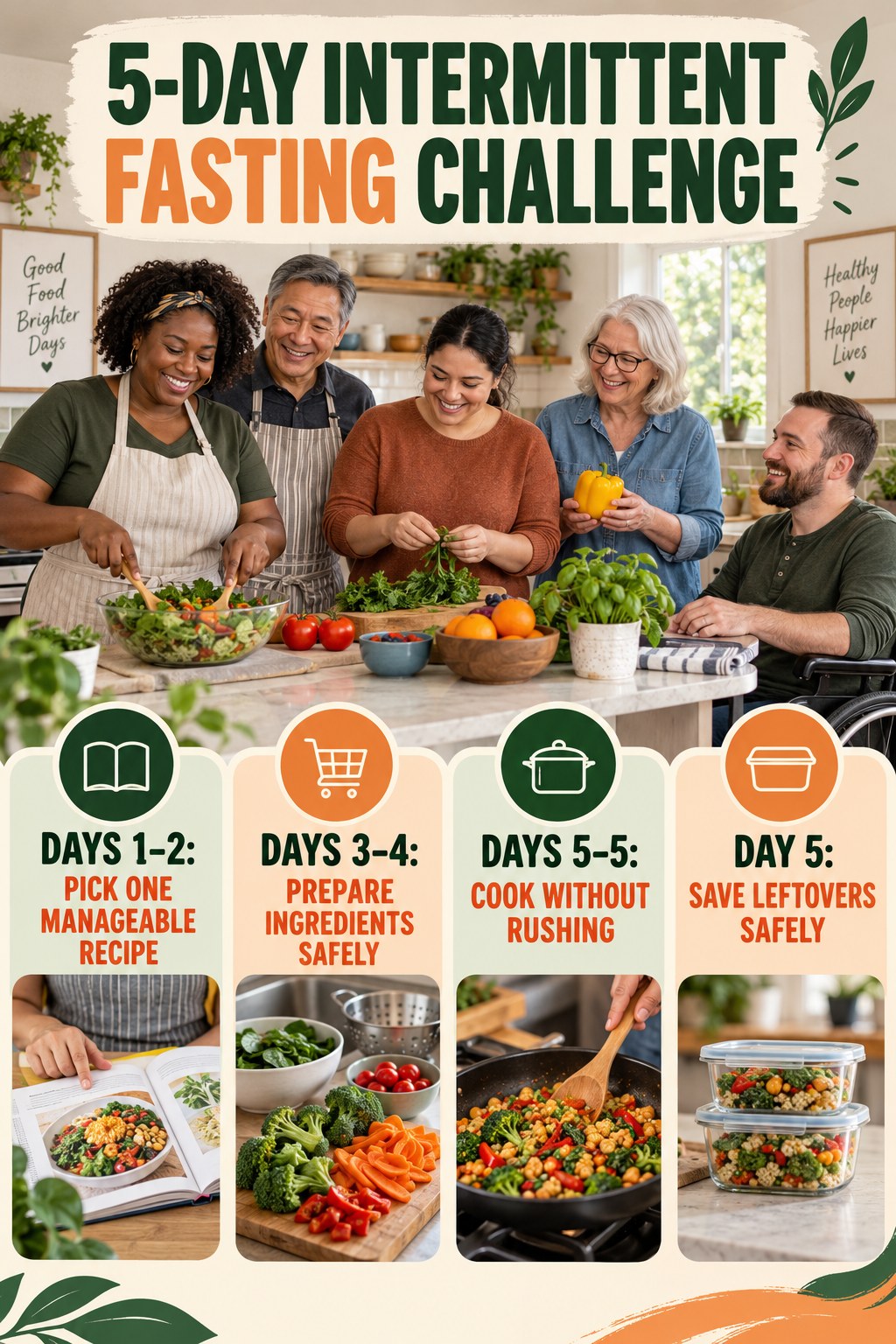 5-day Intermittent Fasting challenge graphic showing four manageable milestones for consistent practice.