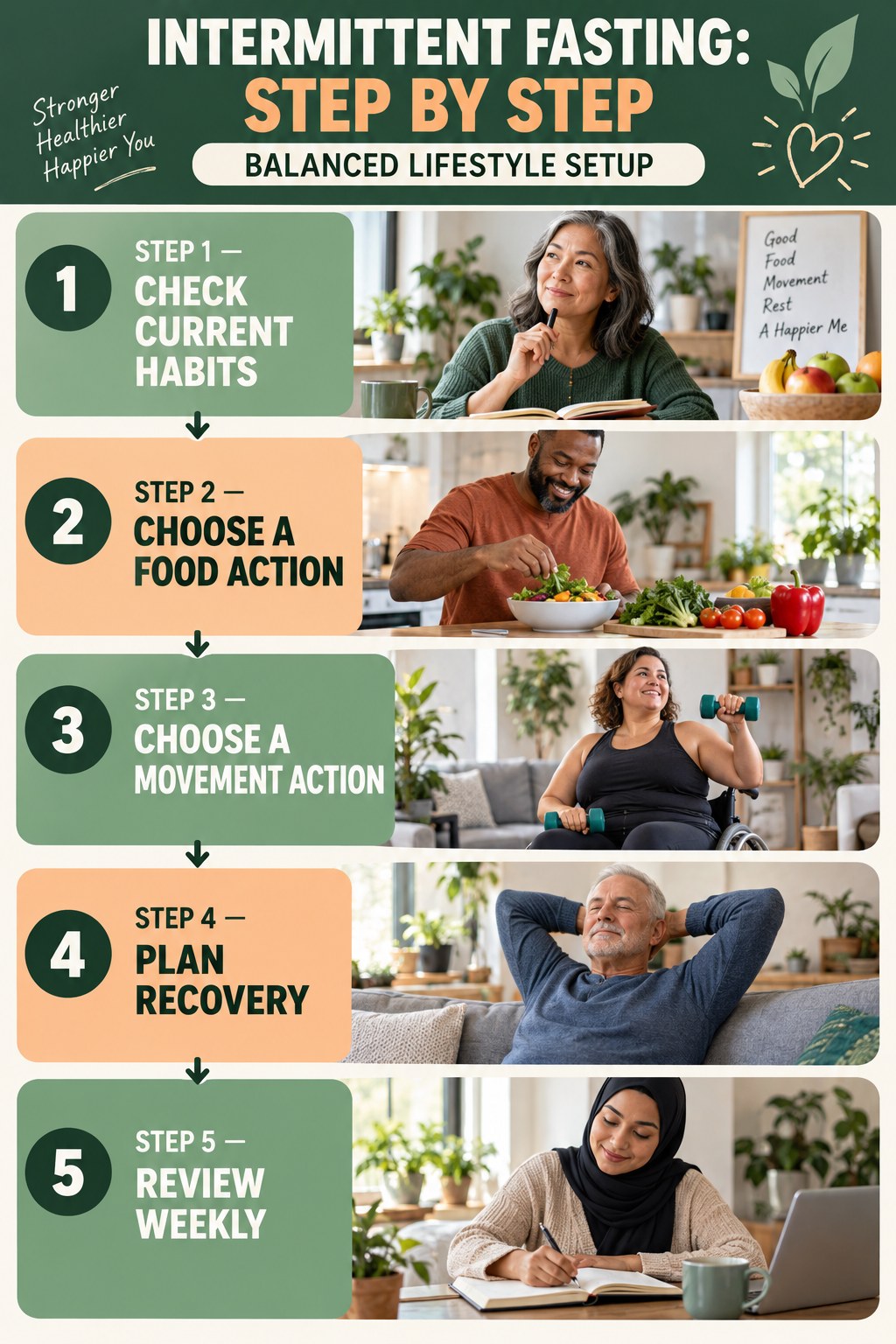 Intermittent Fasting step-by-step graphic showing five numbered stages for balanced lifestyle setup.