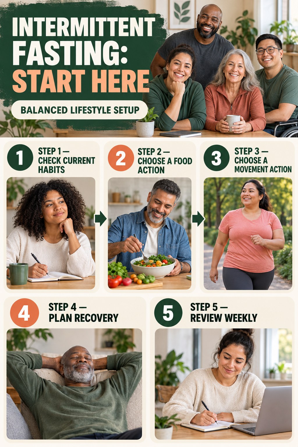 Intermittent Fasting beginner guide graphic showing five manageable stages for balanced lifestyle setup.