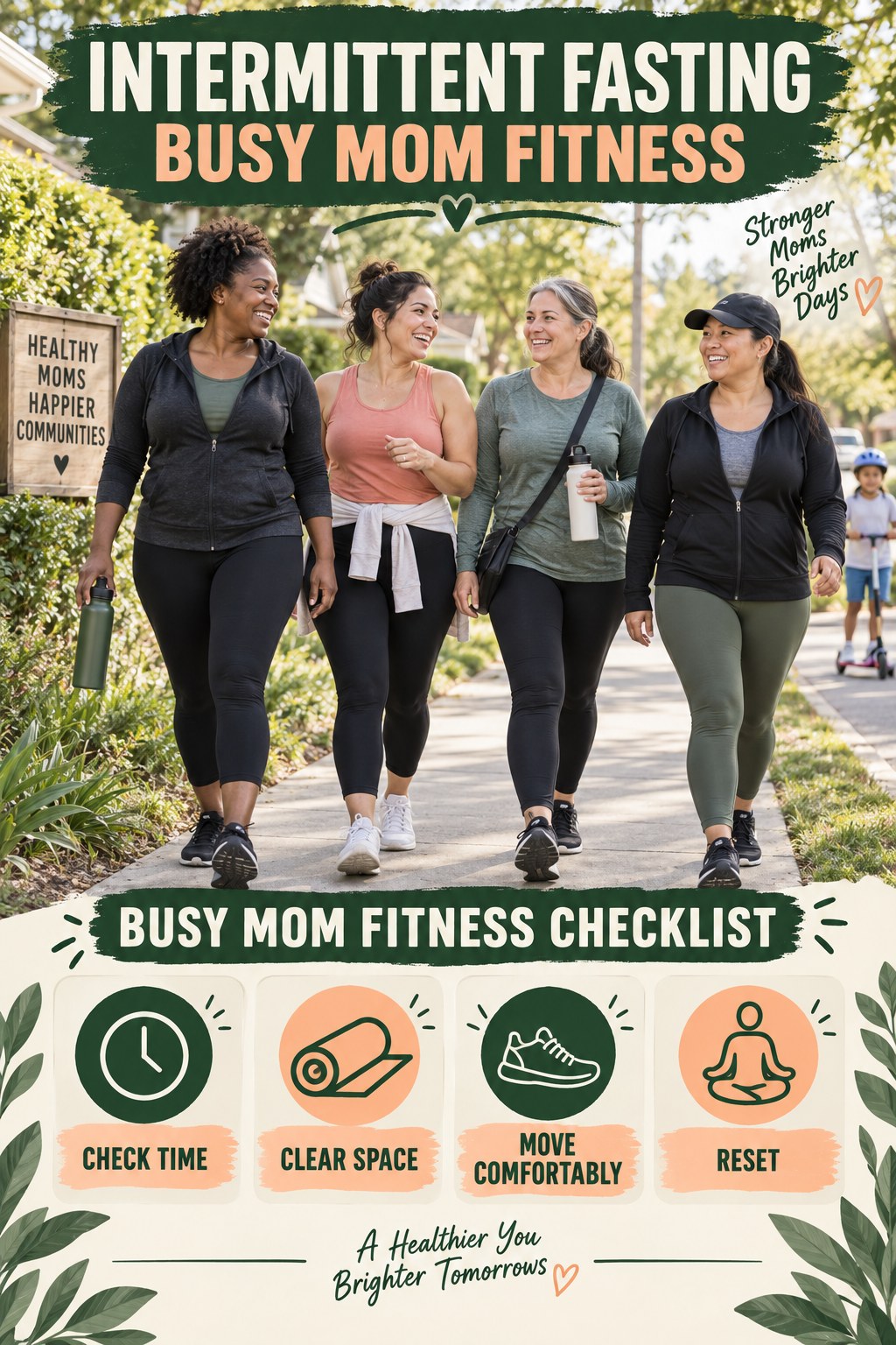 Intermittent Fasting busy-mom fitness graphic titled Busy Mom Fitness Checklist with four practical movement prompts.