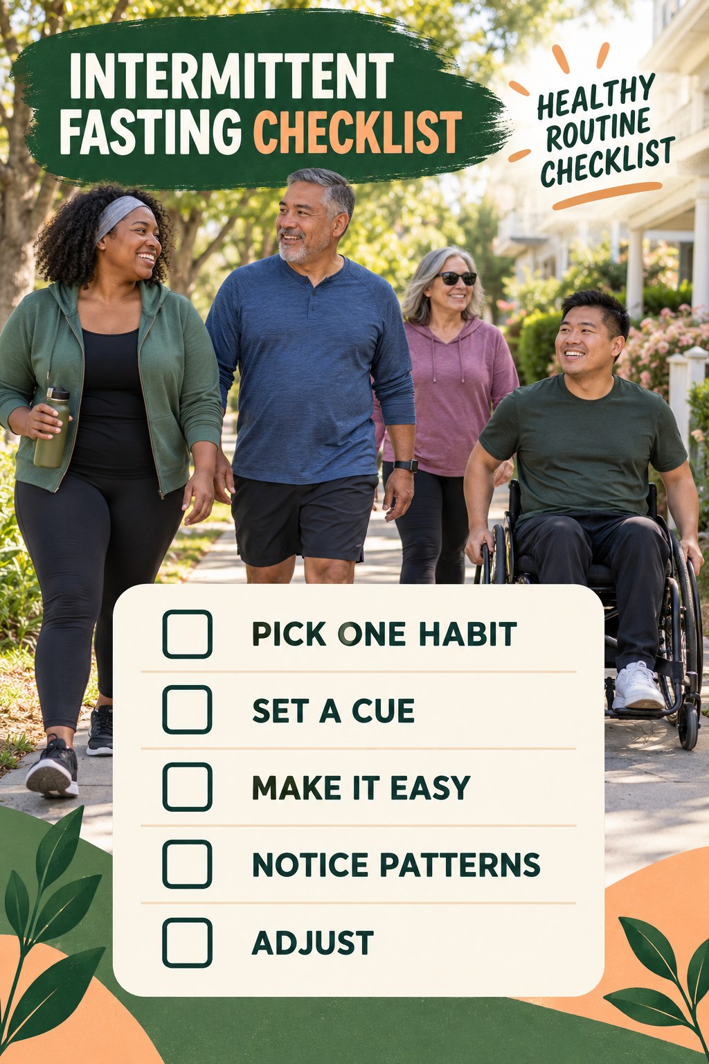 Intermittent Fasting checklist graphic titled Healthy Routine Checklist with five clear practical wellness items.