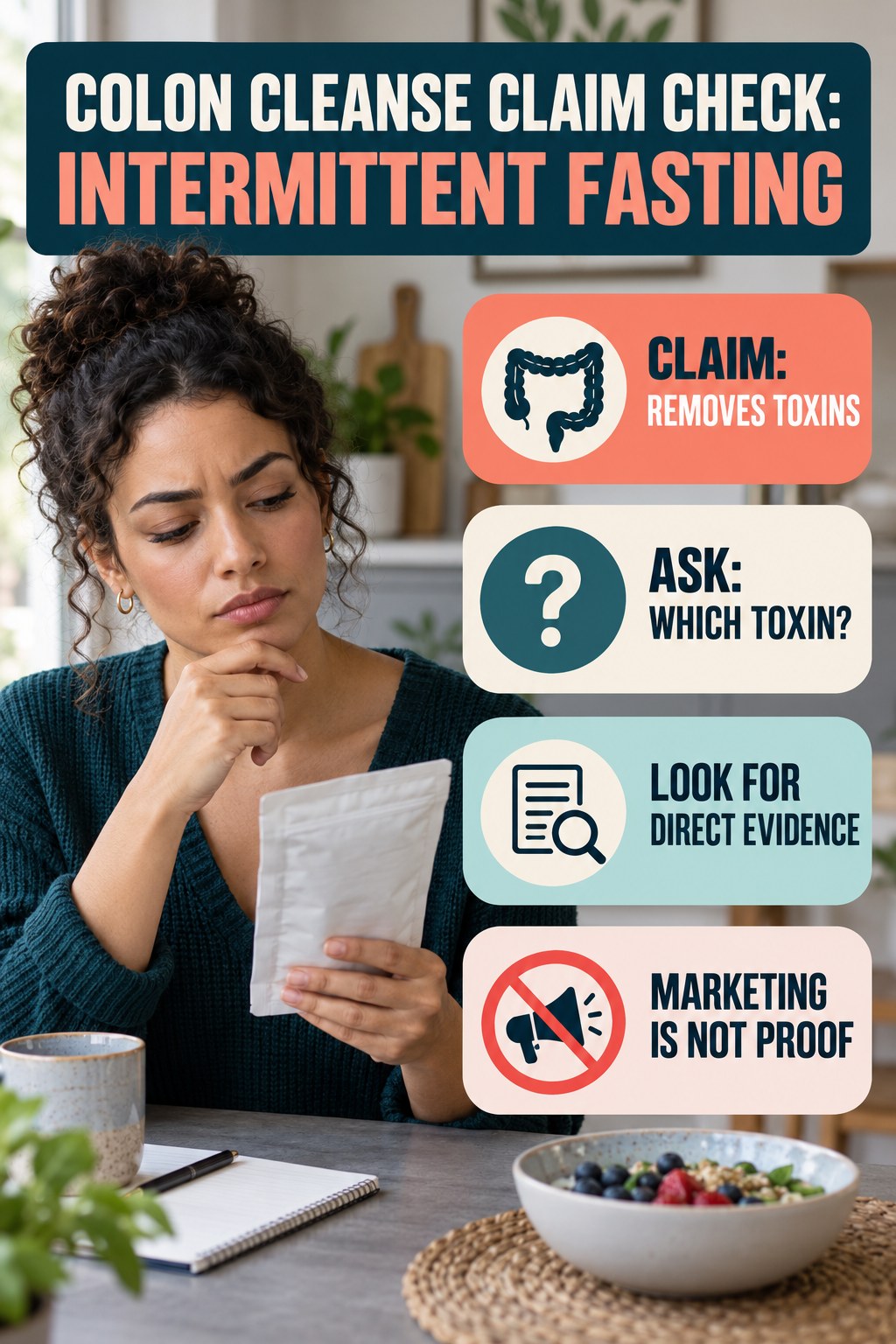 Undefined Toxin Claims infographic for Intermittent Fasting, separating a colon-cleanse marketing claim from evidence, reasonable conclusions, and safety context.