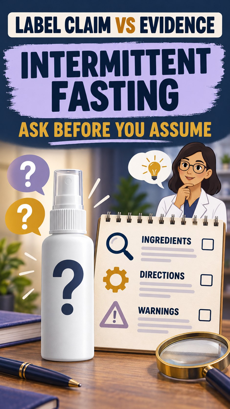 Consumer Questions Checklist infographic for Intermittent Fasting, showing a generic spray-label checklist that separates available facts, missing details, and evidence questions.