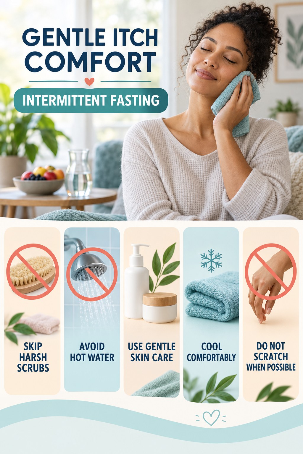 Do Less Irritating, More Soothing infographic for Intermittent Fasting with five gentle itchy-skin comfort strategies and a non-diagnostic safety focus.