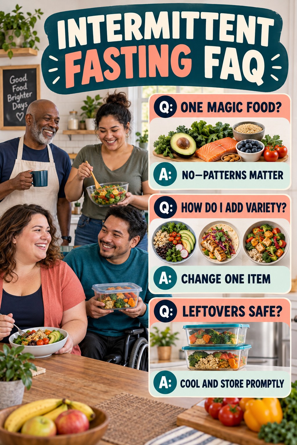 Intermittent Fasting FAQ graphic with three concise questions and practical answers for beginners.