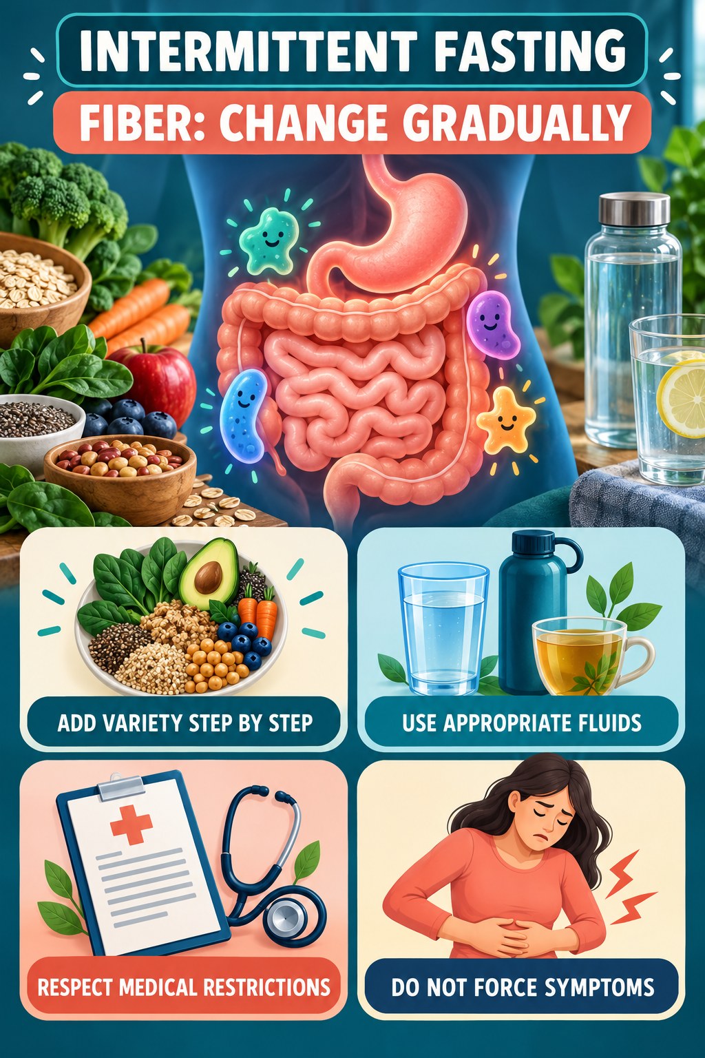Fiber Changes Should Be Gradual educational infographic for Intermittent Fasting with four evidence-aware points.