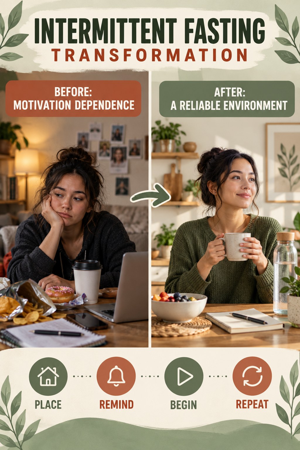 Intermittent Fasting habit transformation graphic comparing motivation dependence with a reliable environment using four practical steps.