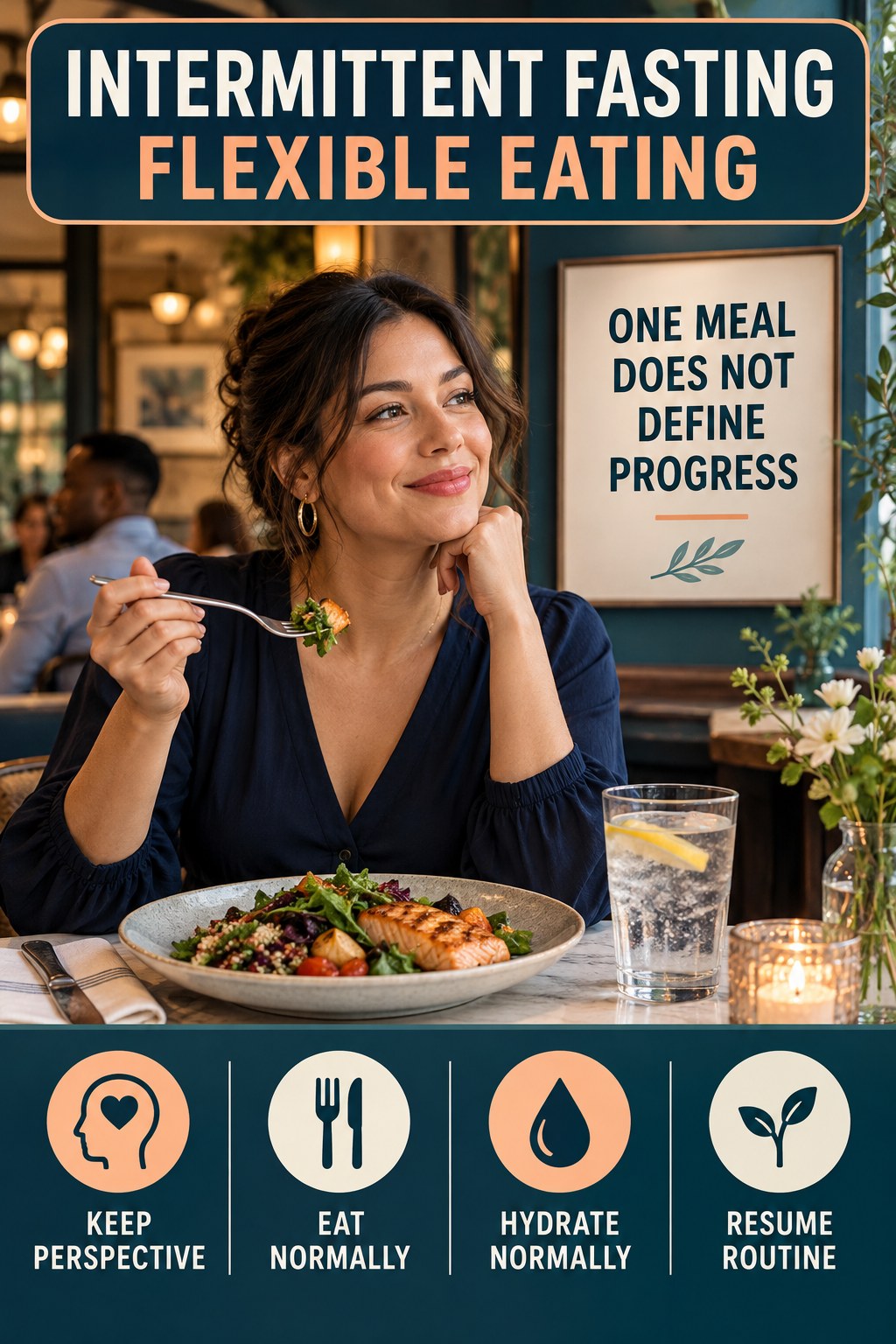 Intermittent Fasting flexible eating graphic titled One Meal Does Not Define Progress with four practical balance prompts.