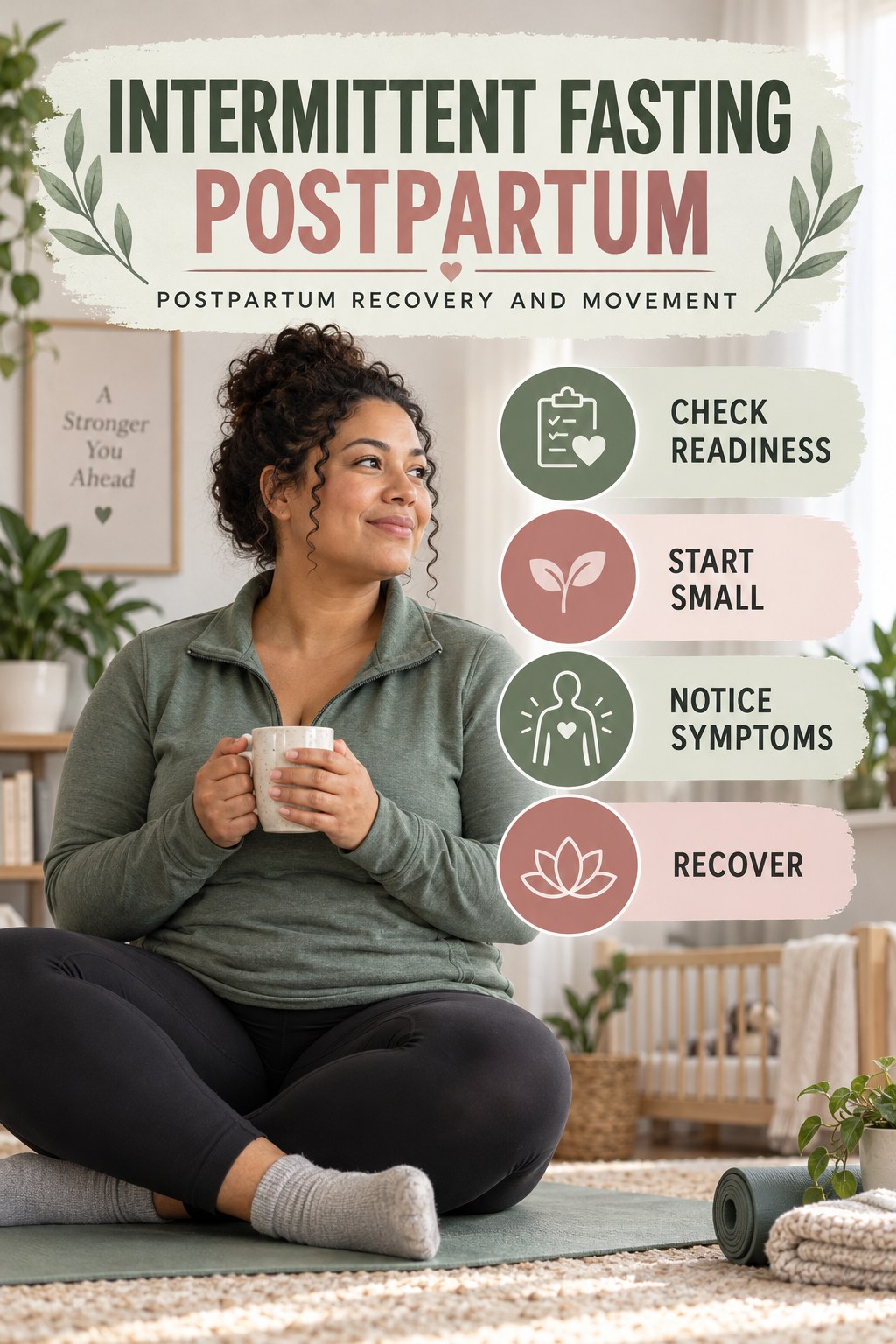 Intermittent Fasting postpartum graphic titled Postpartum Recovery and Movement with four gradual recovery-aware prompts.
