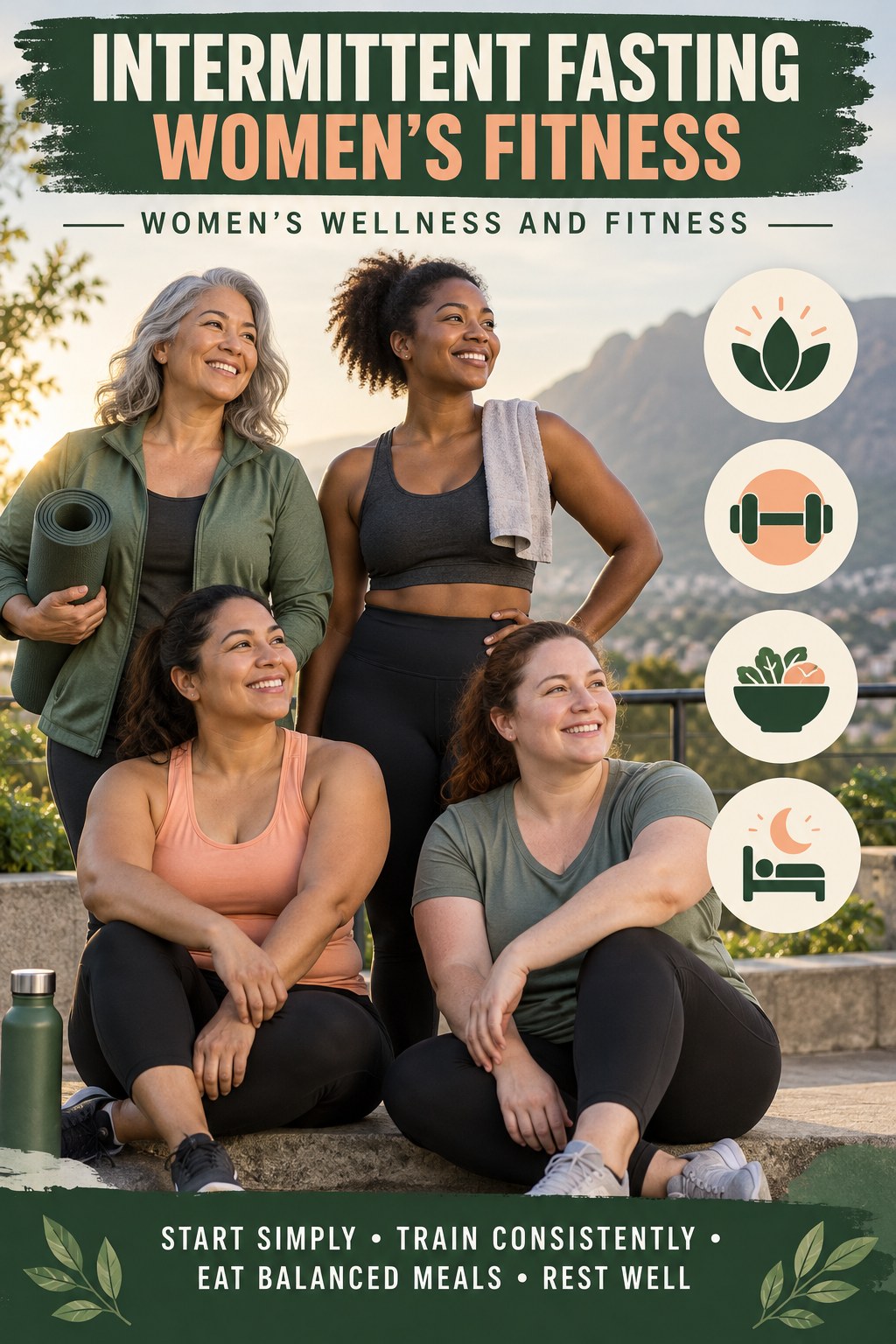 Intermittent Fasting women’s fitness graphic titled Women’s Wellness and Fitness with four practical training prompts.