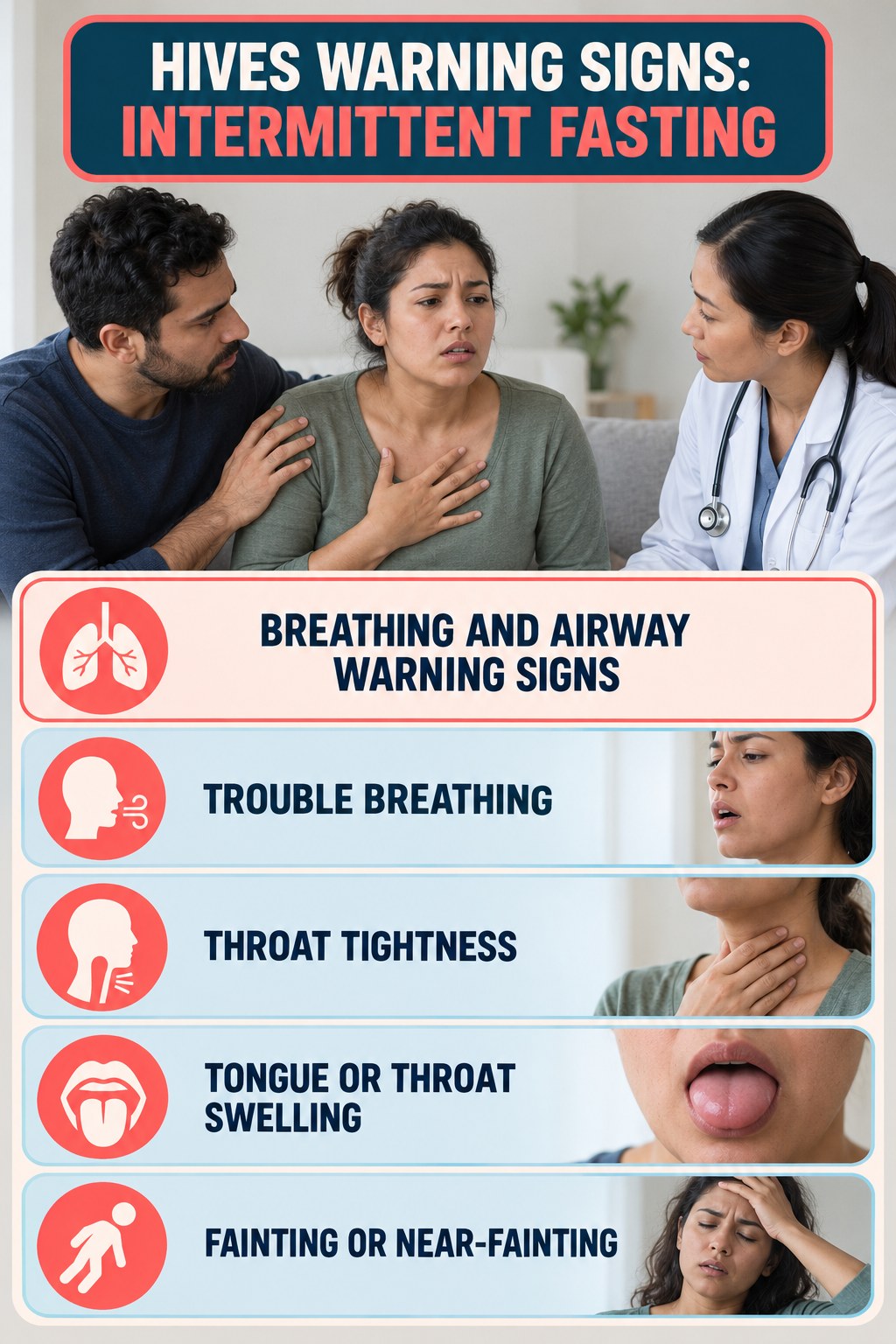 Breathing and Airway Warning Signs infographic for Intermittent Fasting, highlighting urgent breathing, throat, swelling, fainting, and rapid-progression warning signs without diagnosing hives.