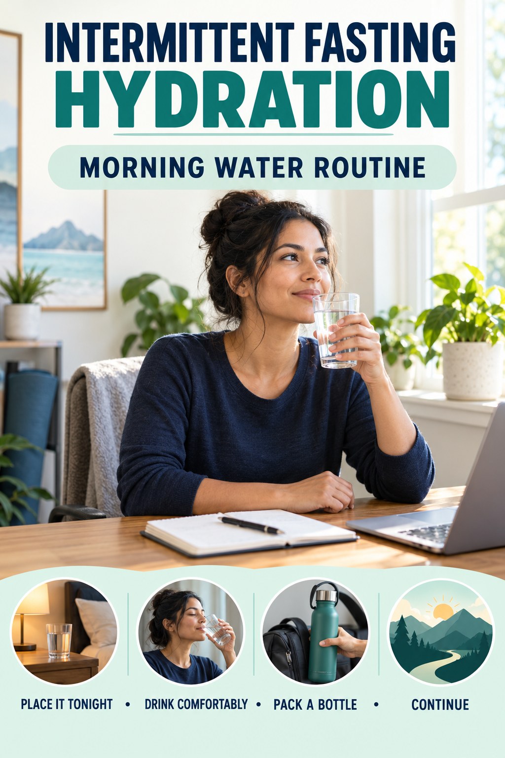 Intermittent Fasting hydration graphic titled Morning Water Routine with four flexible water-habit prompts and no fixed intake target.
