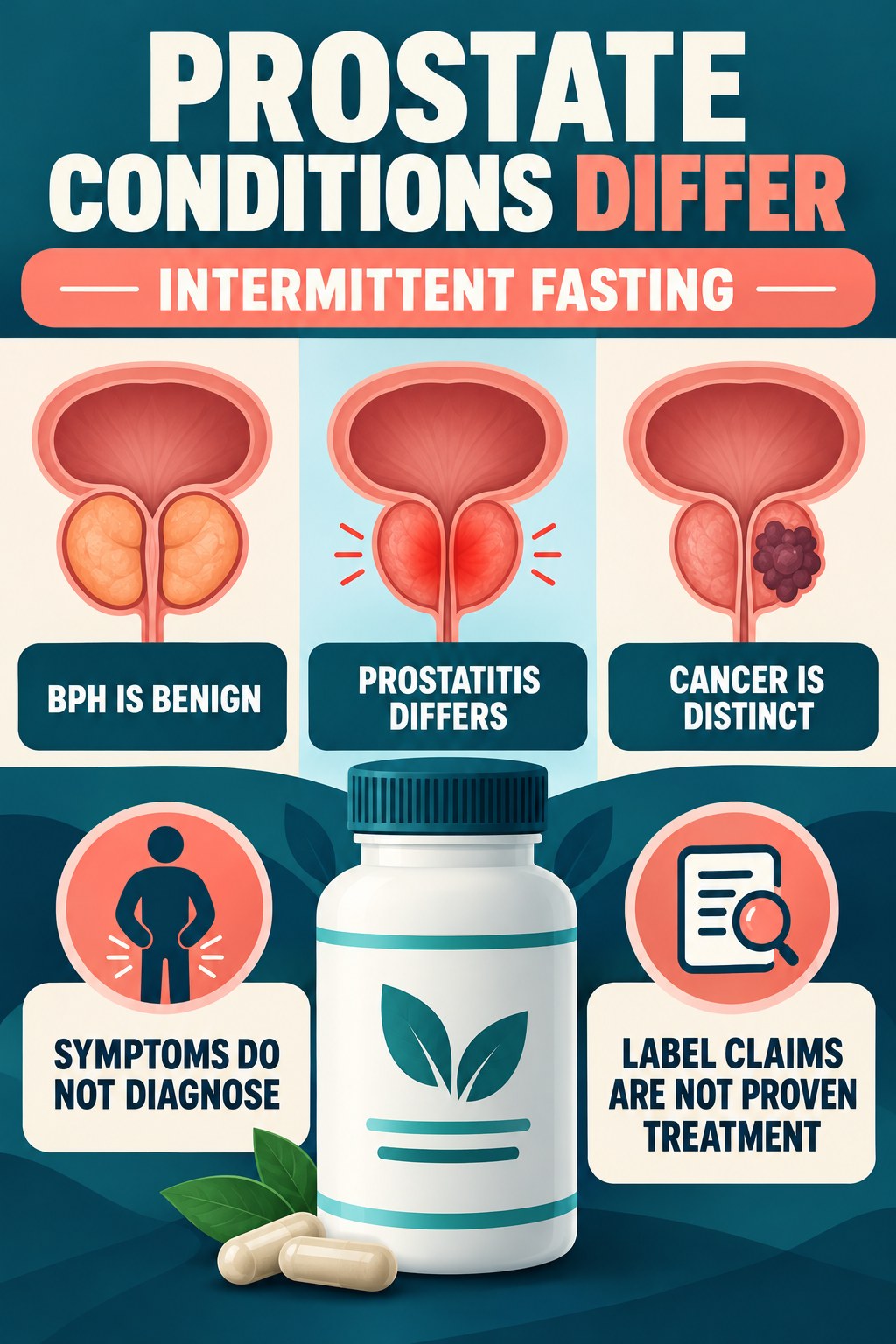 Keep BPH, Prostatitis, and Cancer Distinct prostate supplement label-literacy infographic for Intermittent Fasting with four careful reading points.