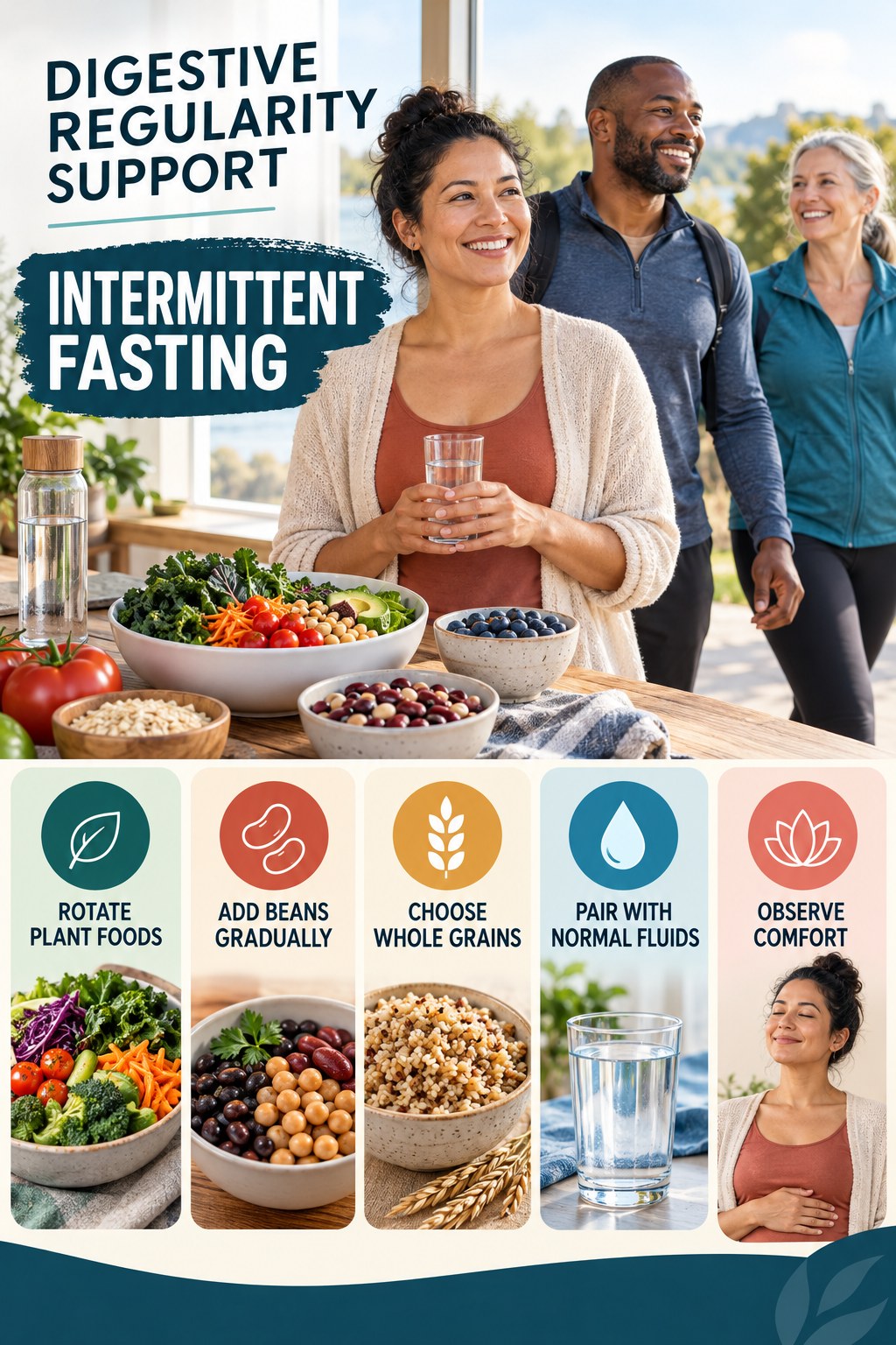 Meal Prep for Fiber Variety infographic for Intermittent Fasting with five practical food, hydration, movement, or routine actions and no cleanse claims.