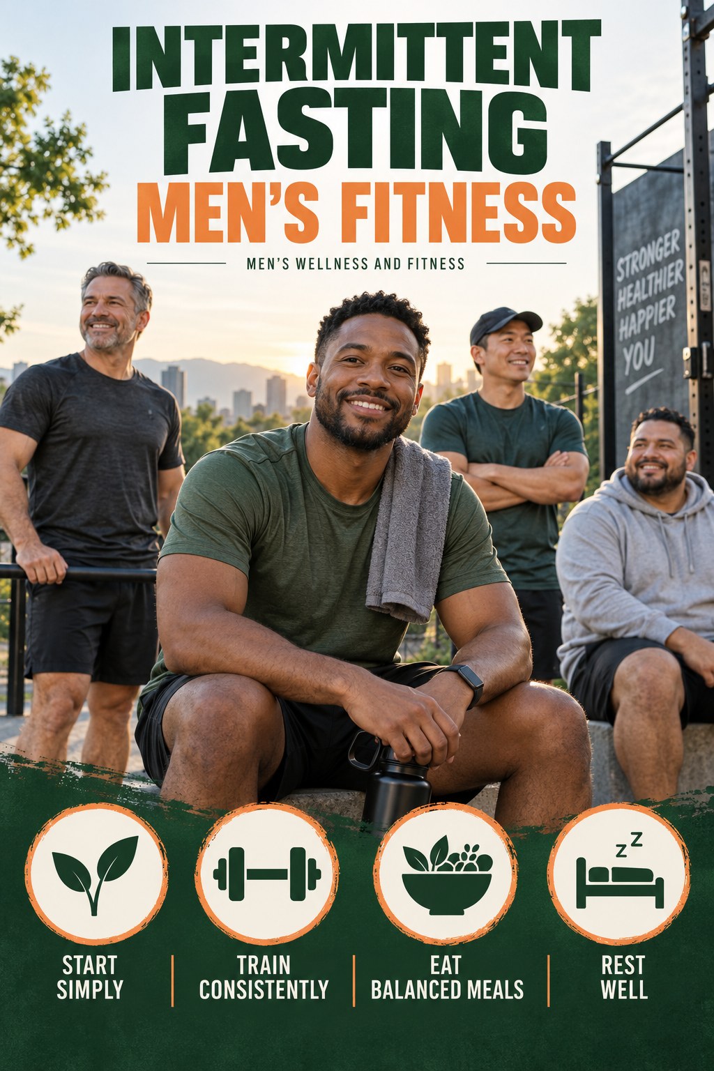 Intermittent Fasting men’s fitness graphic titled Men’s Wellness and Fitness with four practical training prompts.