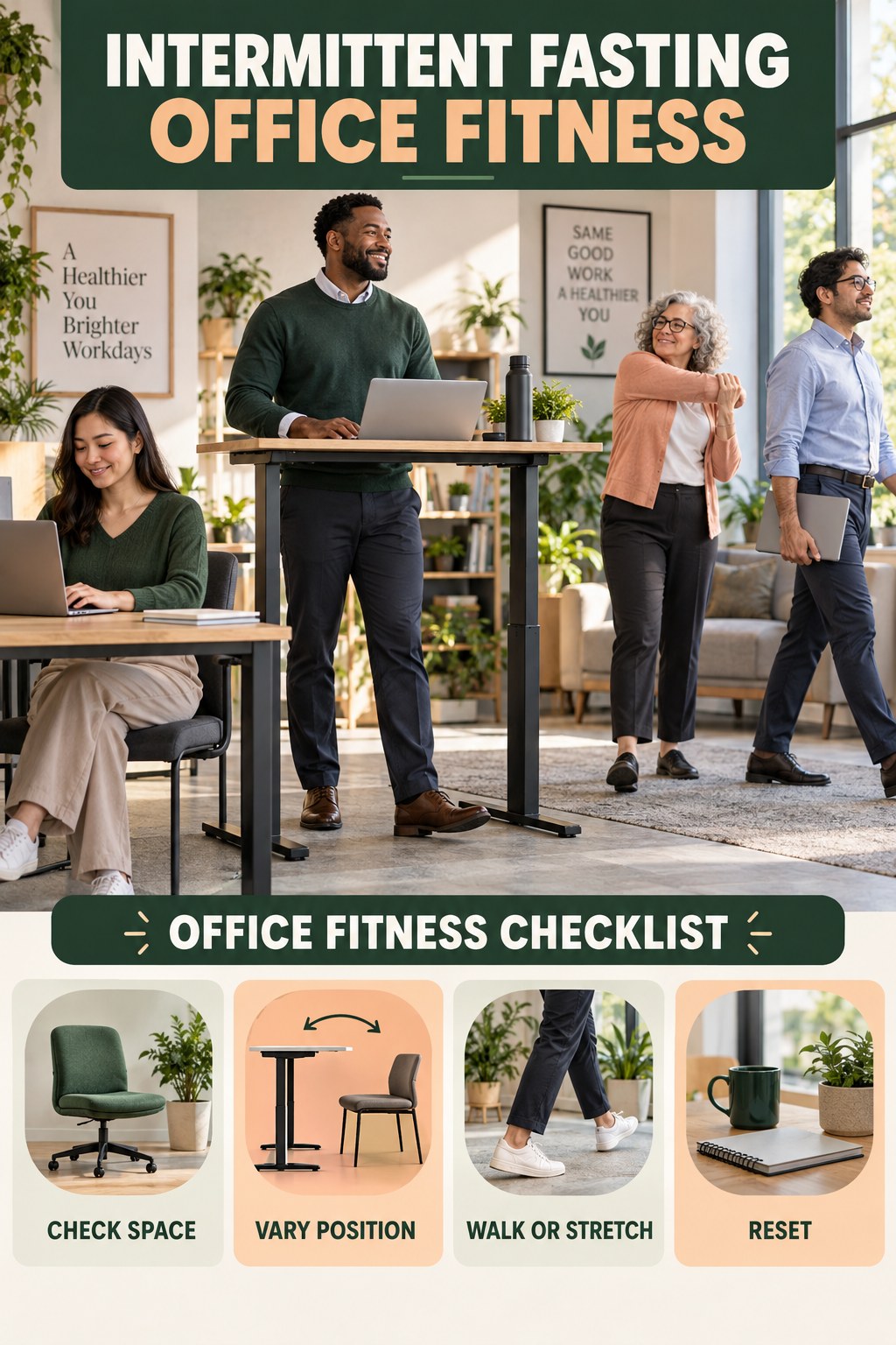 Intermittent Fasting office-fitness graphic titled Office Fitness Checklist with four practical workday movement prompts.