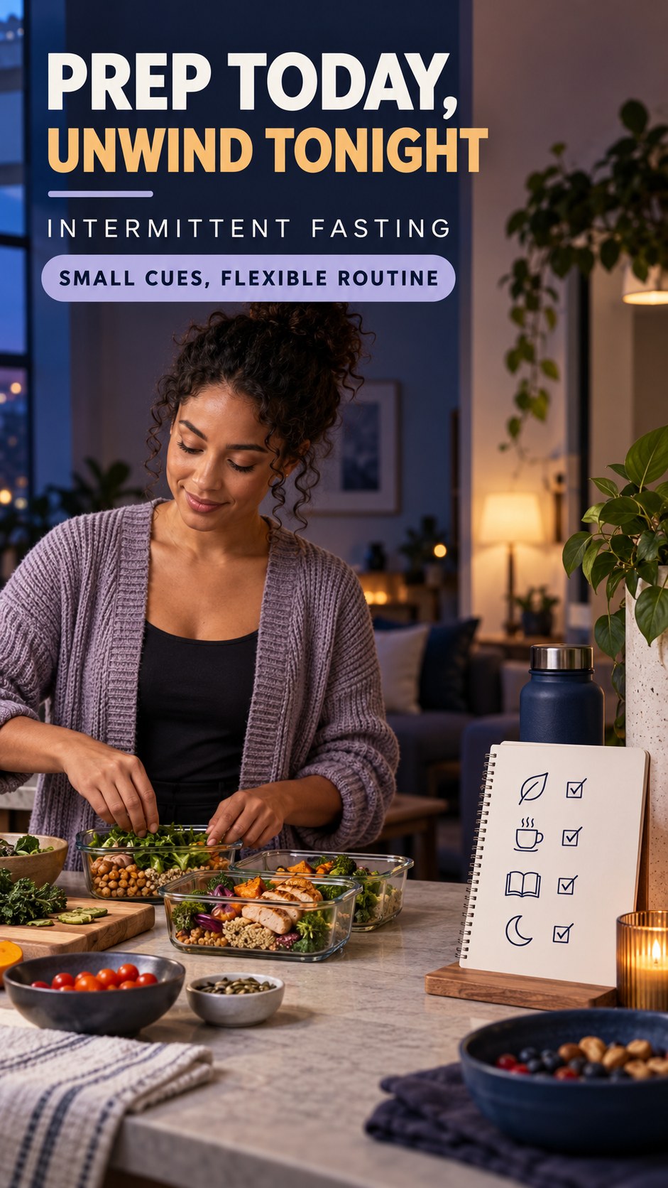 Meal Prep and Sleep Routine infographic for Intermittent Fasting, showing a flexible and calming evening wellness routine.