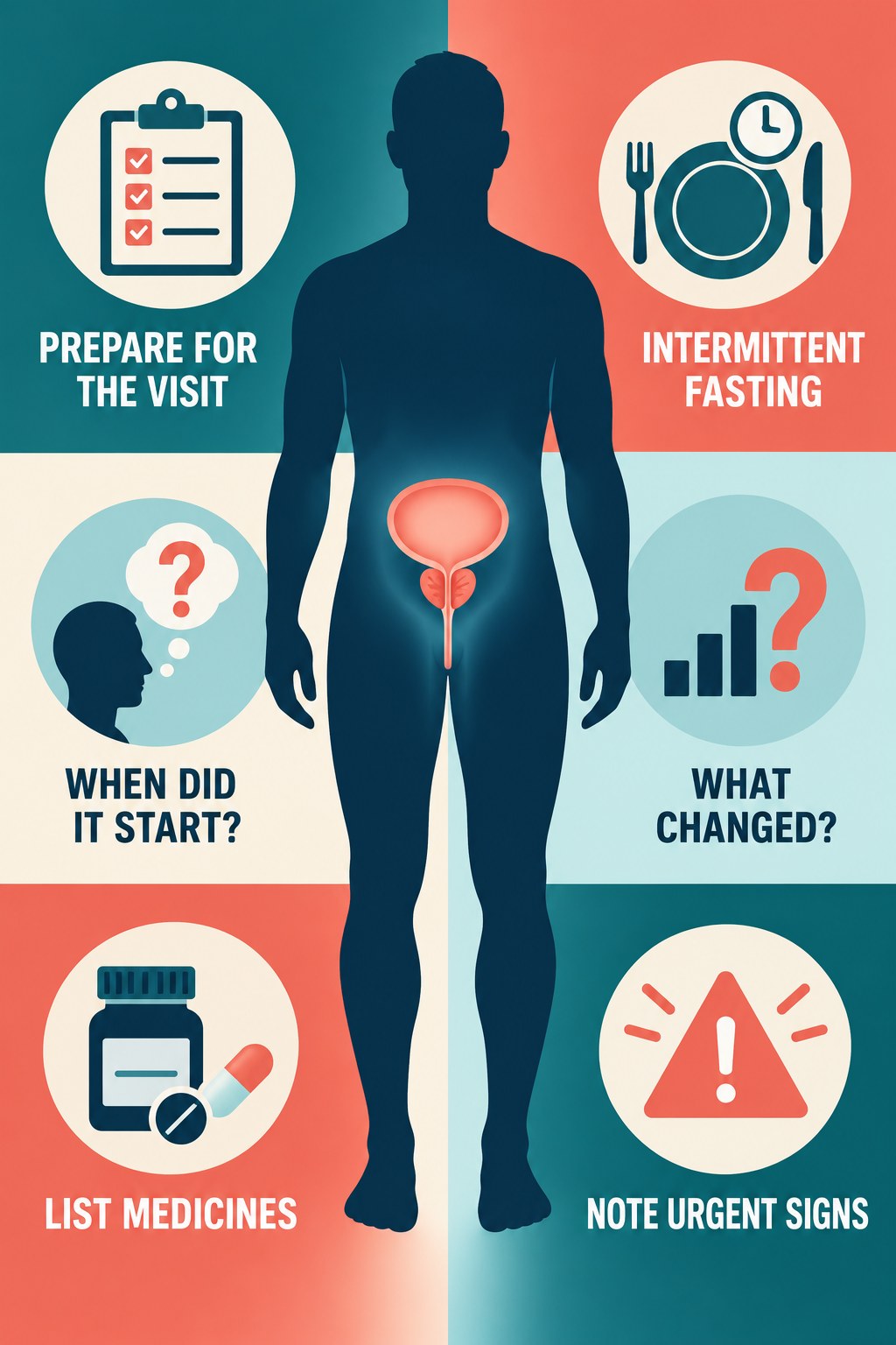 Prepare a Symptom and Medication Summary infographic for Intermittent Fasting with four concise prostate-health awareness points.