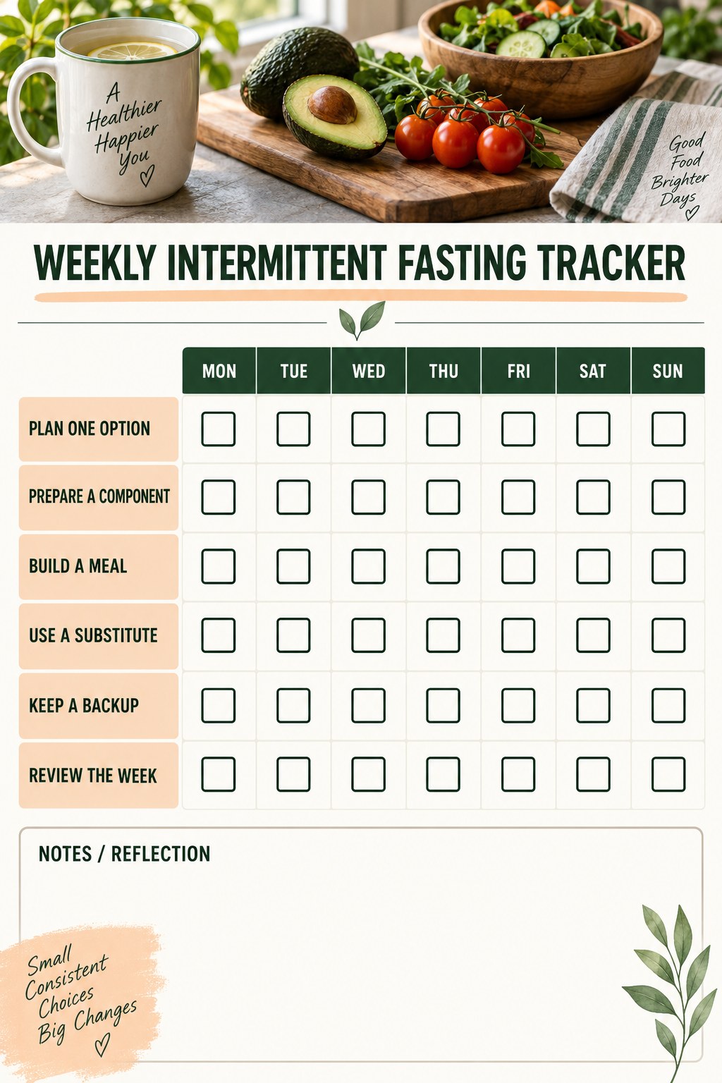 Weekly Intermittent Fasting printable-style tracker graphic with six labeled rows, empty checkboxes, and a reflection area.
