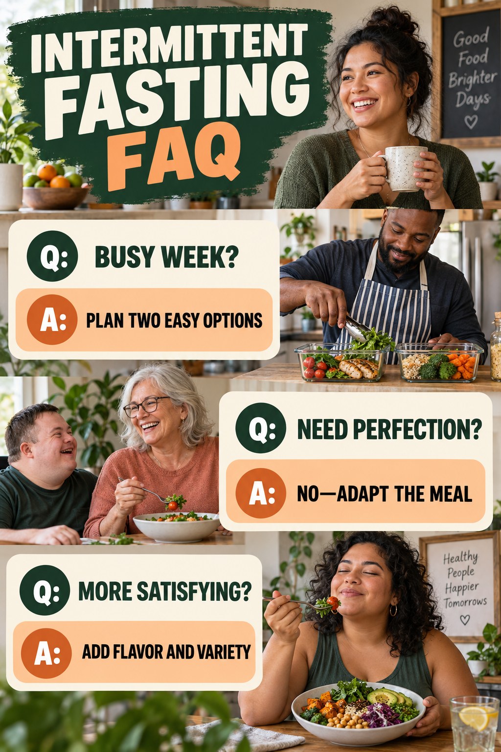 Intermittent Fasting FAQ graphic with three concise questions and practical answers for beginners.