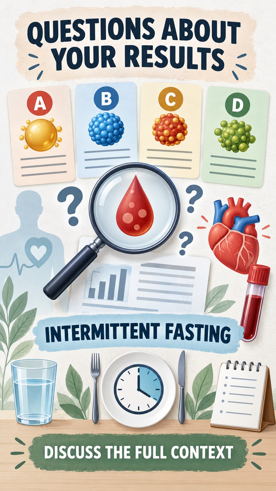 Questions for Your Clinician infographic for Intermittent Fasting, using a non-numerical educational lipid-panel layout with question and context icons.